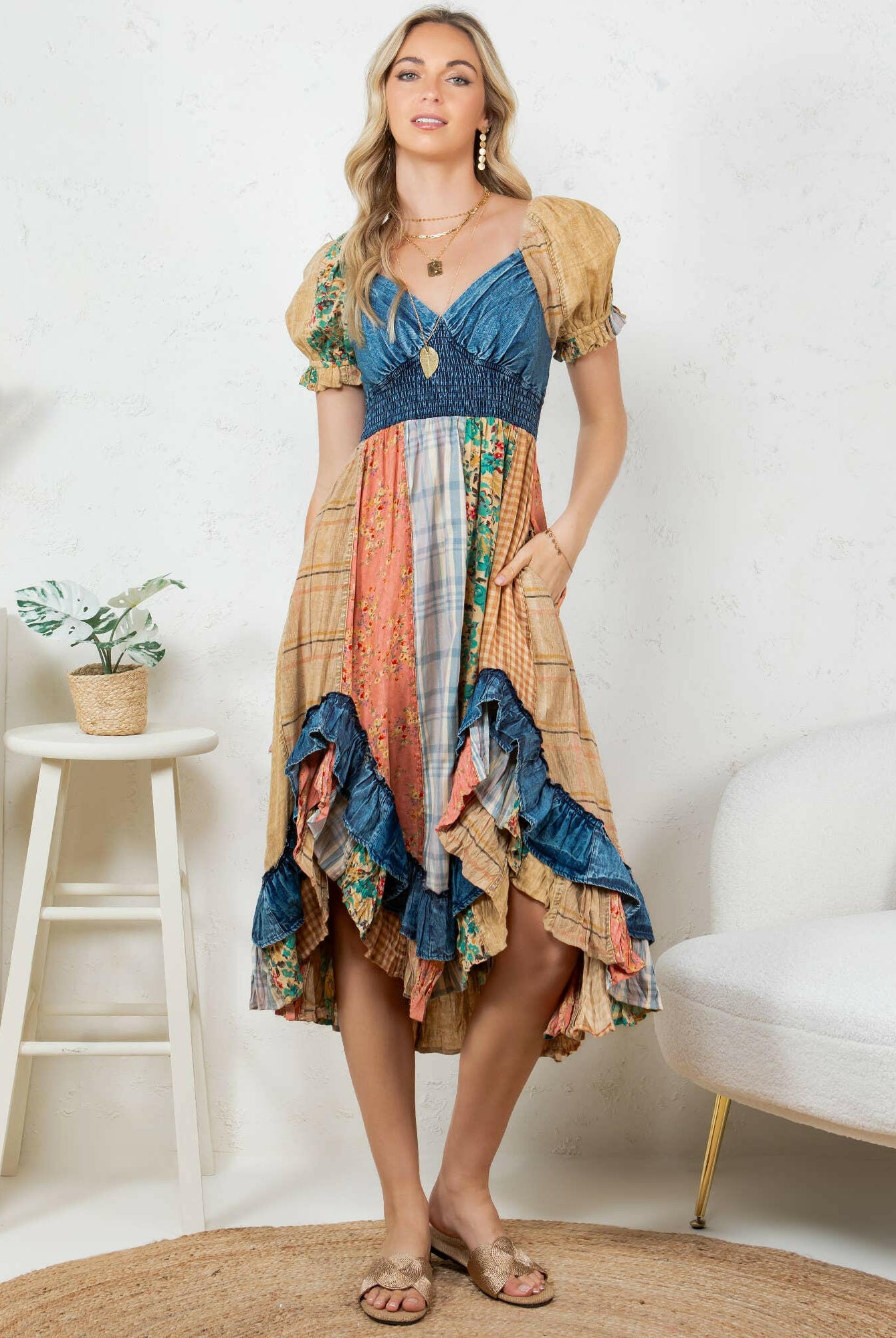 Boho Denim Patchwork Midi Dress-Dresses-Krush Kandy, Women's Online Fashion Boutique Located in Phoenix, Arizona (Scottsdale Area)