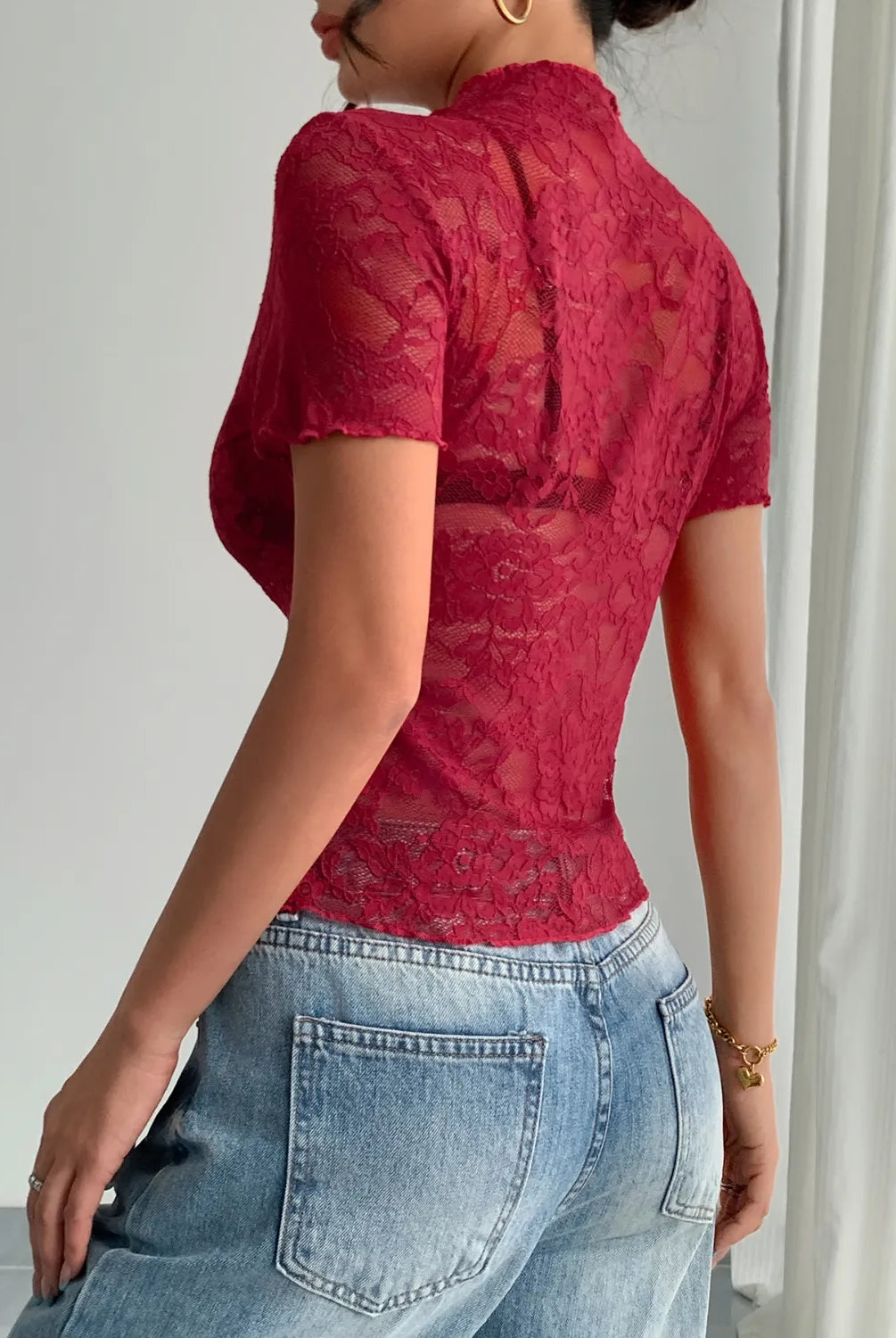 Lace Mock Neck Short Sleeve Top-tops-Krush Kandy, Women's Online Fashion Boutique Located in Phoenix, Arizona (Scottsdale Area)