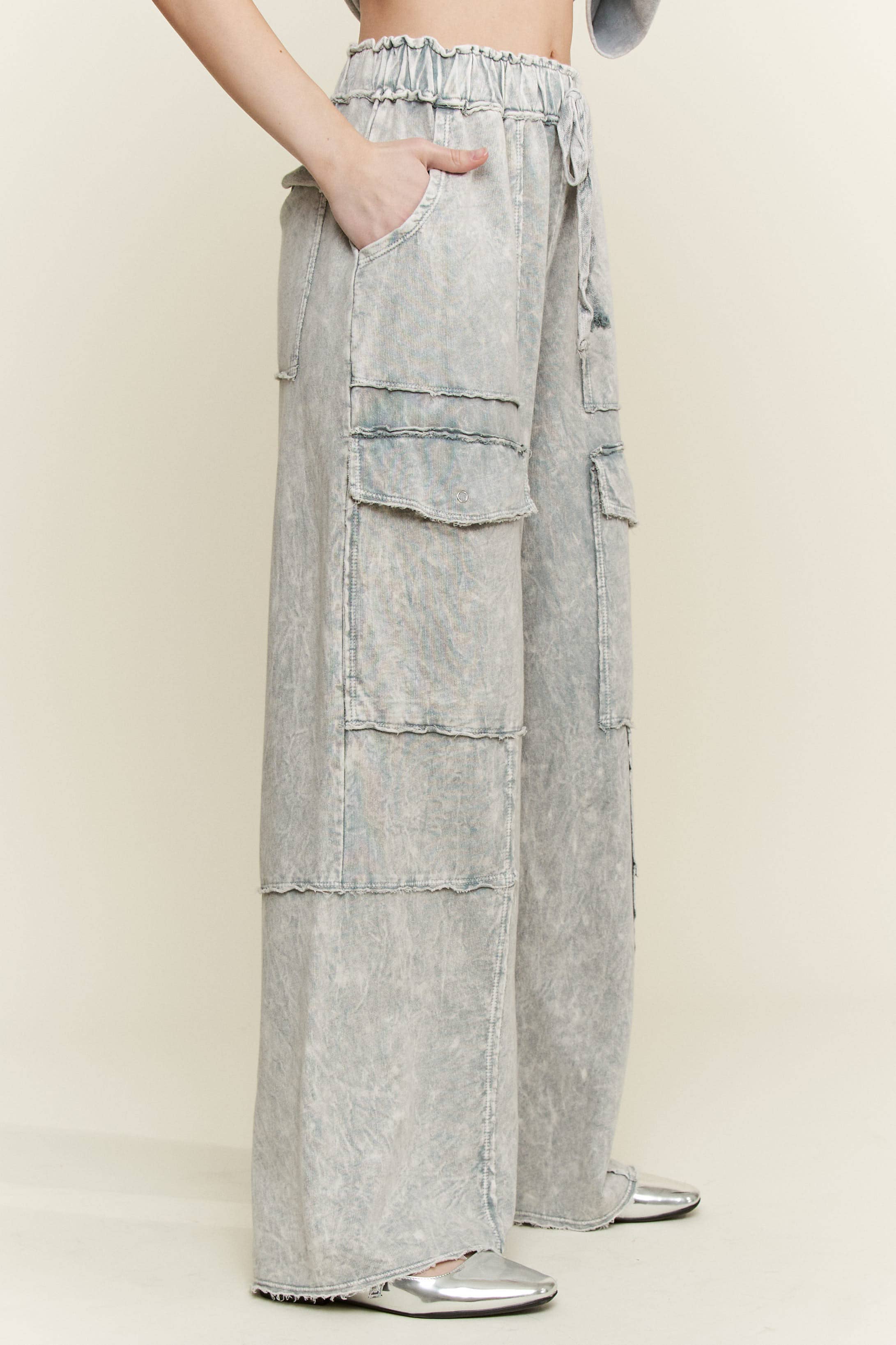 Mineral Wash Multi pockets Wide Leg Terry Pants-Pants-Krush Kandy, Women's Online Fashion Boutique Located in Phoenix, Arizona (Scottsdale Area)