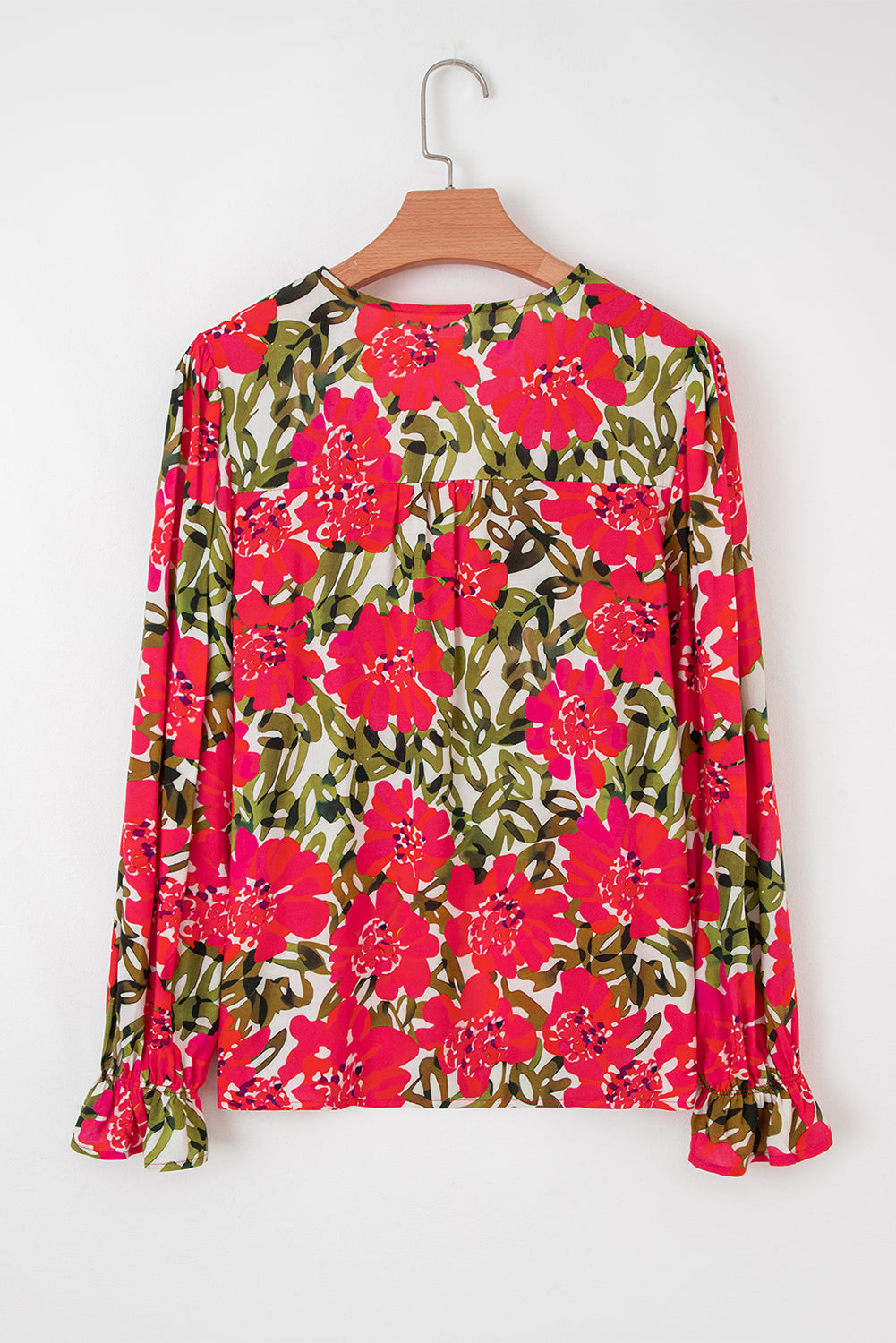Red Floral Ruffle Tie Blouse-Long Sleeve Tops-Krush Kandy, Women's Online Fashion Boutique Located in Phoenix, Arizona (Scottsdale Area)
