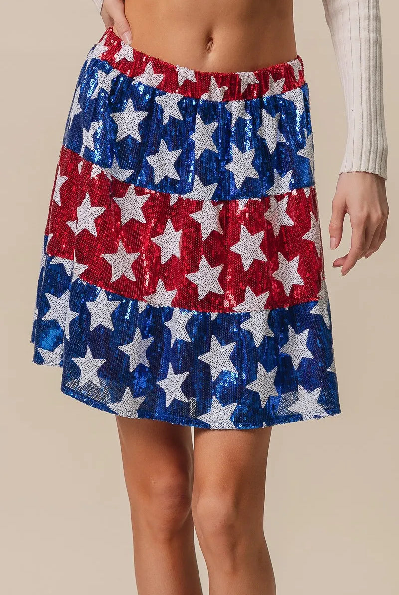 BiBi American Flag Theme Star Sequin Tiered Skirt-Skirts-Krush Kandy, Women's Online Fashion Boutique Located in Phoenix, Arizona (Scottsdale Area)