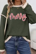 Merry Patched Graphic Contrast Trim Christmas Knitted Long Sleeve Top-Long Sleeve Tops-Krush Kandy, Women's Online Fashion Boutique Located in Phoenix, Arizona (Scottsdale Area)