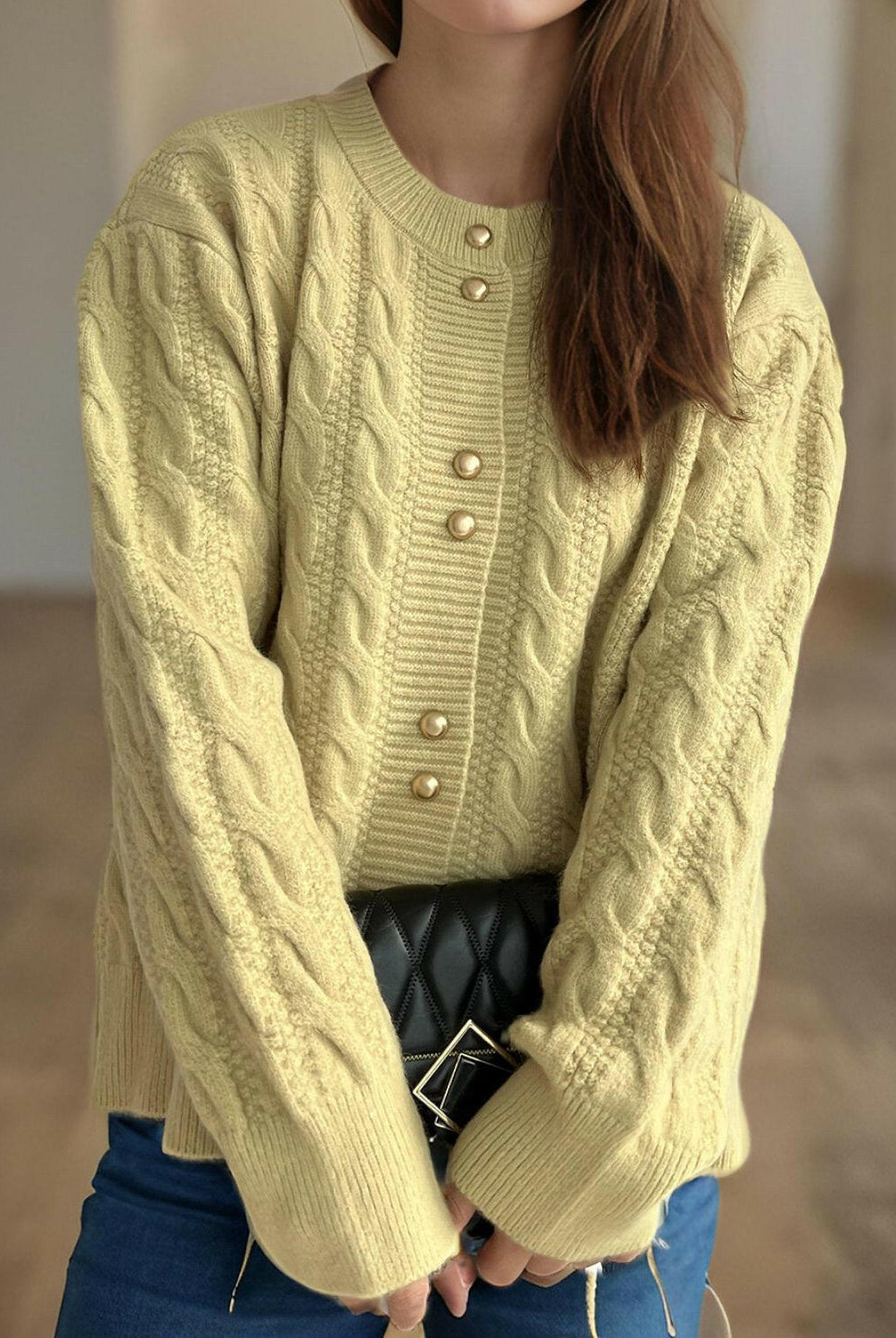 Cable-Knit Round Neck Long Sleeve Cardigan-Cardigans-Krush Kandy, Women's Online Fashion Boutique Located in Phoenix, Arizona (Scottsdale Area)