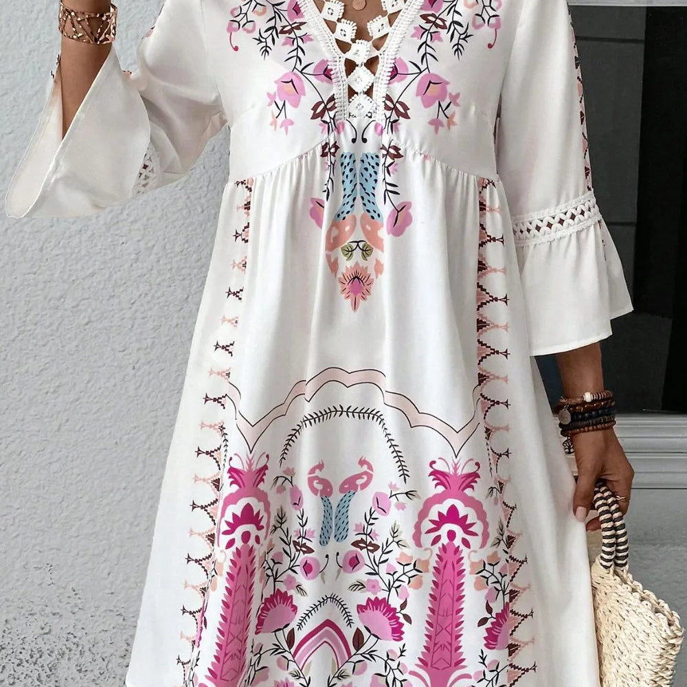 Lace Detail Printed Three-Quarter Sleeve Dress-Dresses-Krush Kandy, Women's Online Fashion Boutique Located in Phoenix, Arizona (Scottsdale Area)