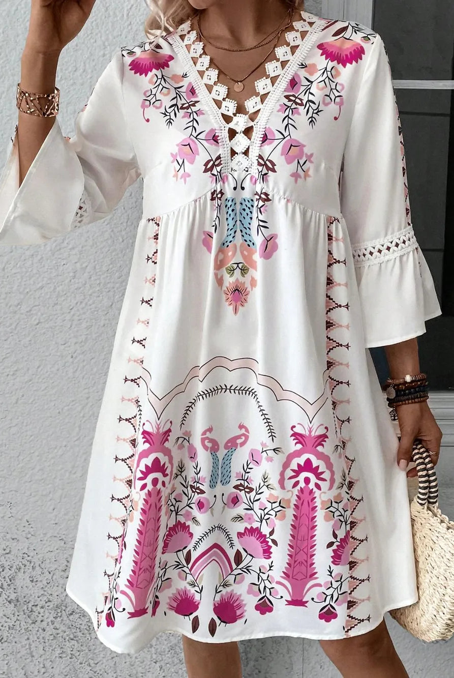 Lace Detail Printed Three-Quarter Sleeve Dress-Dresses-Krush Kandy, Women's Online Fashion Boutique Located in Phoenix, Arizona (Scottsdale Area)