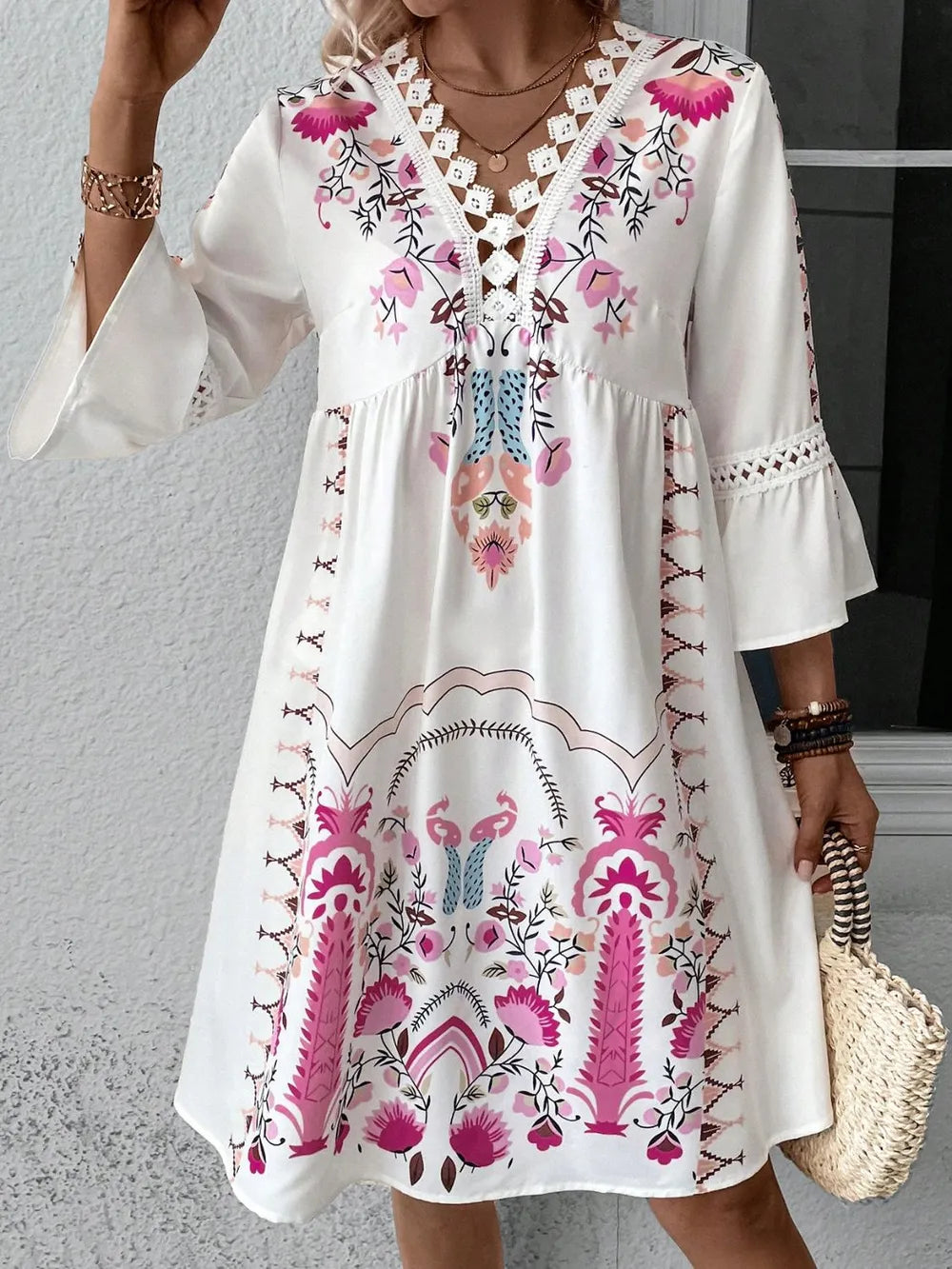 Lace Detail Printed Three-Quarter Sleeve Dress-Dresses-Krush Kandy, Women's Online Fashion Boutique Located in Phoenix, Arizona (Scottsdale Area)