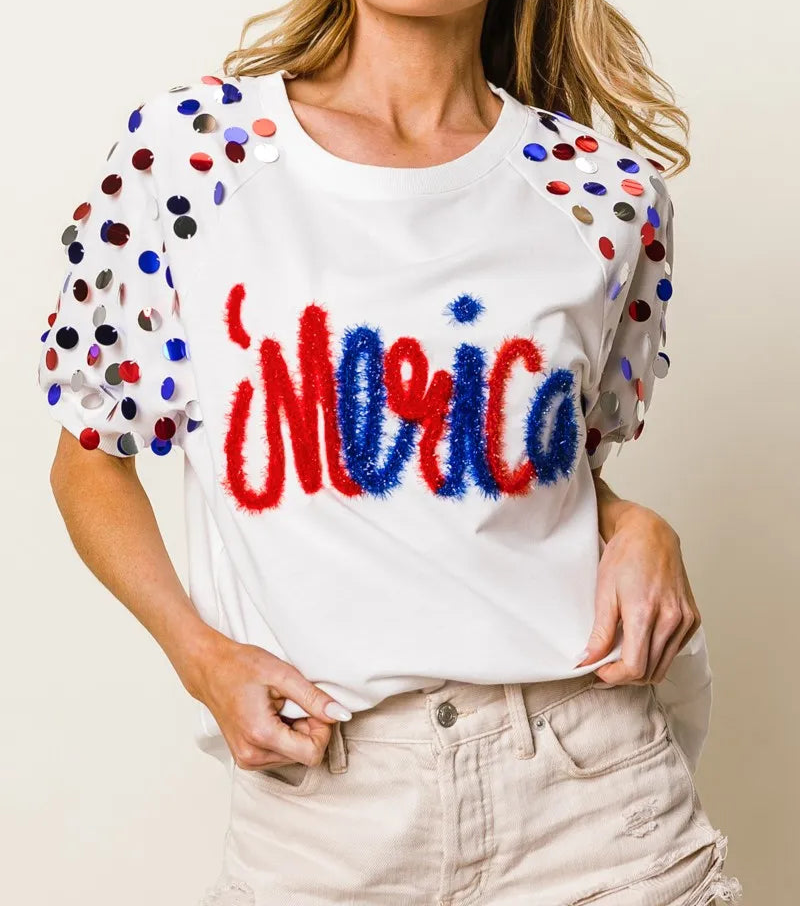 BiBi Metallic Letter Spangle Raglan Puff Sleeve Top-Tops-Krush Kandy, Women's Online Fashion Boutique Located in Phoenix, Arizona (Scottsdale Area)