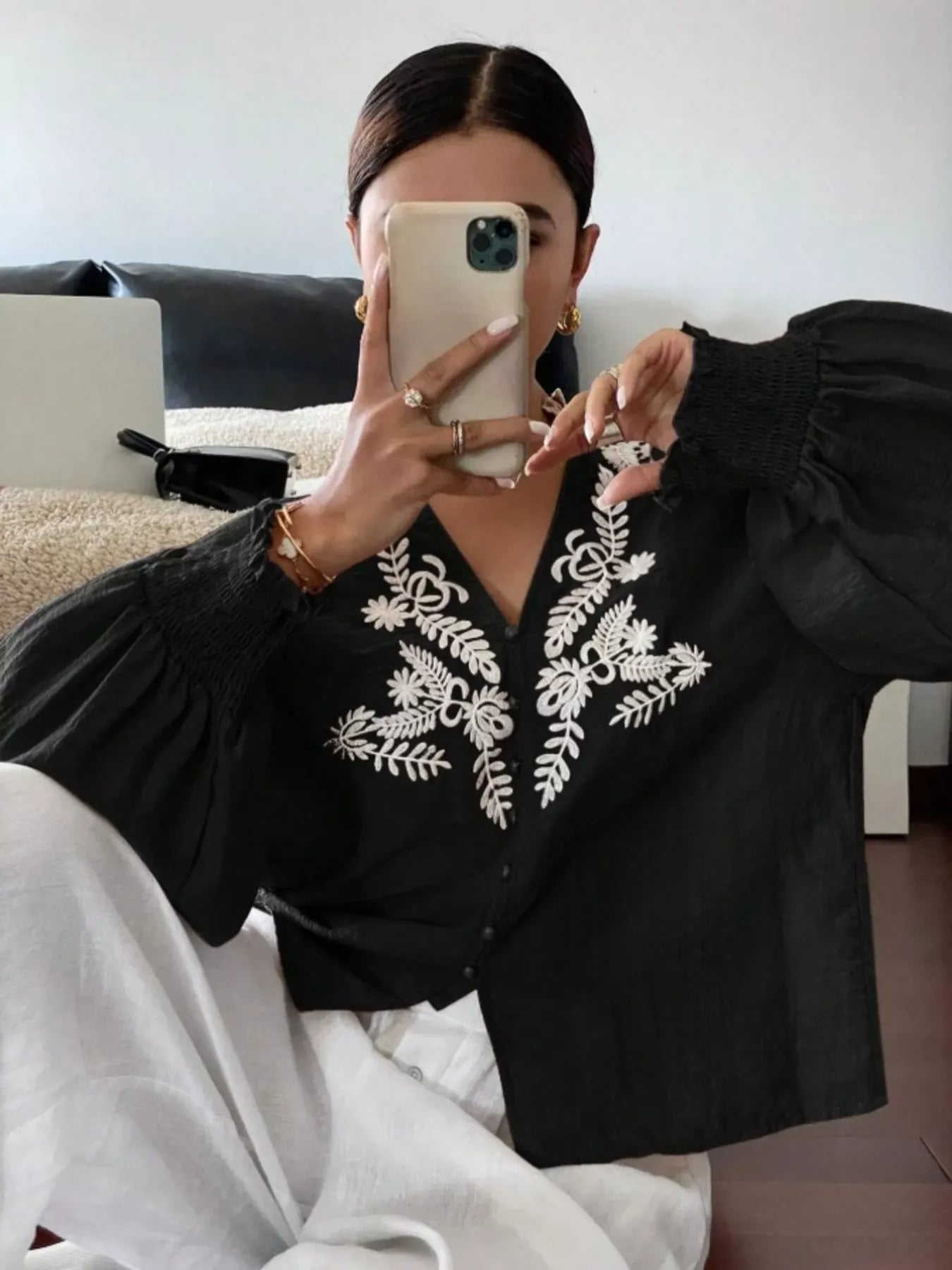 Embroidered Long Sleeve Blouse-Blouses-Krush Kandy, Women's Online Fashion Boutique Located in Phoenix, Arizona (Scottsdale Area)
