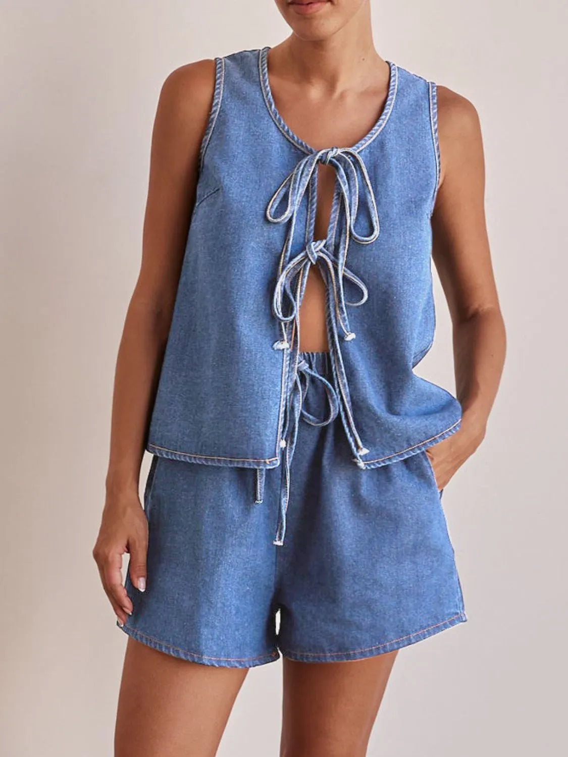 Denim Tie-Front Two-Piece Set-Tops-Krush Kandy, Women's Online Fashion Boutique Located in Phoenix, Arizona (Scottsdale Area)