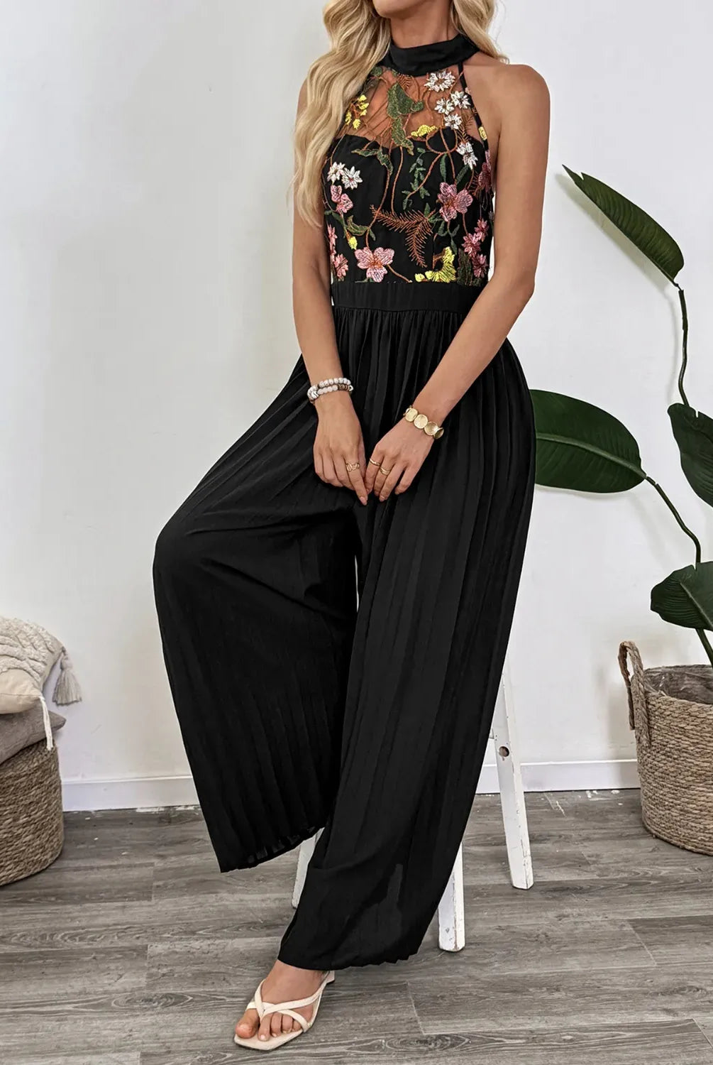 Floral Embroidered Halter Neck Pleated Jumpsuit-Jumpsuits & Rompers-Krush Kandy, Women's Online Fashion Boutique Located in Phoenix, Arizona (Scottsdale Area)