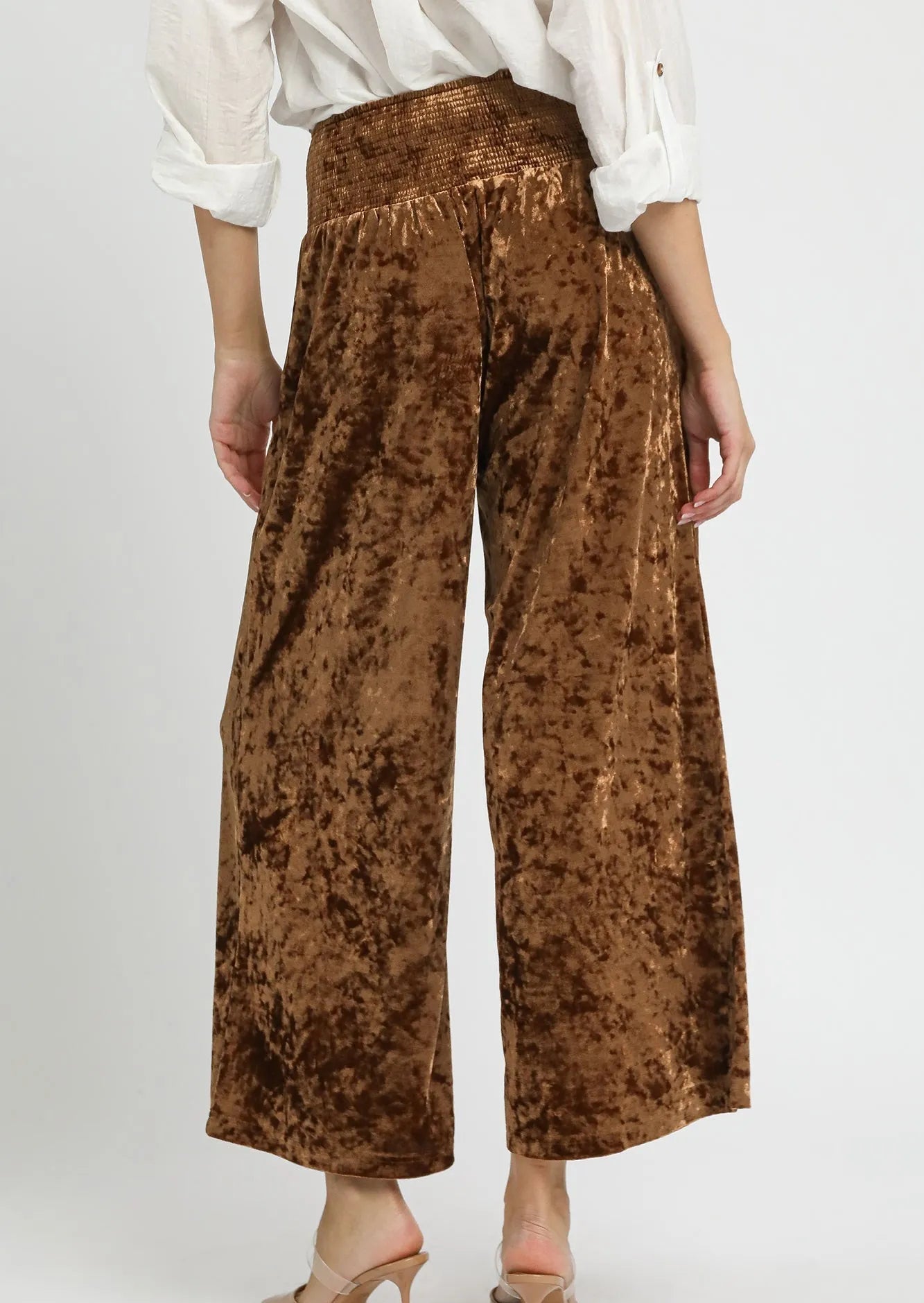 Umgee Velvet Smocked Waistband Wide Leg Pants-Pants-Krush Kandy, Women's Online Fashion Boutique Located in Phoenix, Arizona (Scottsdale Area)