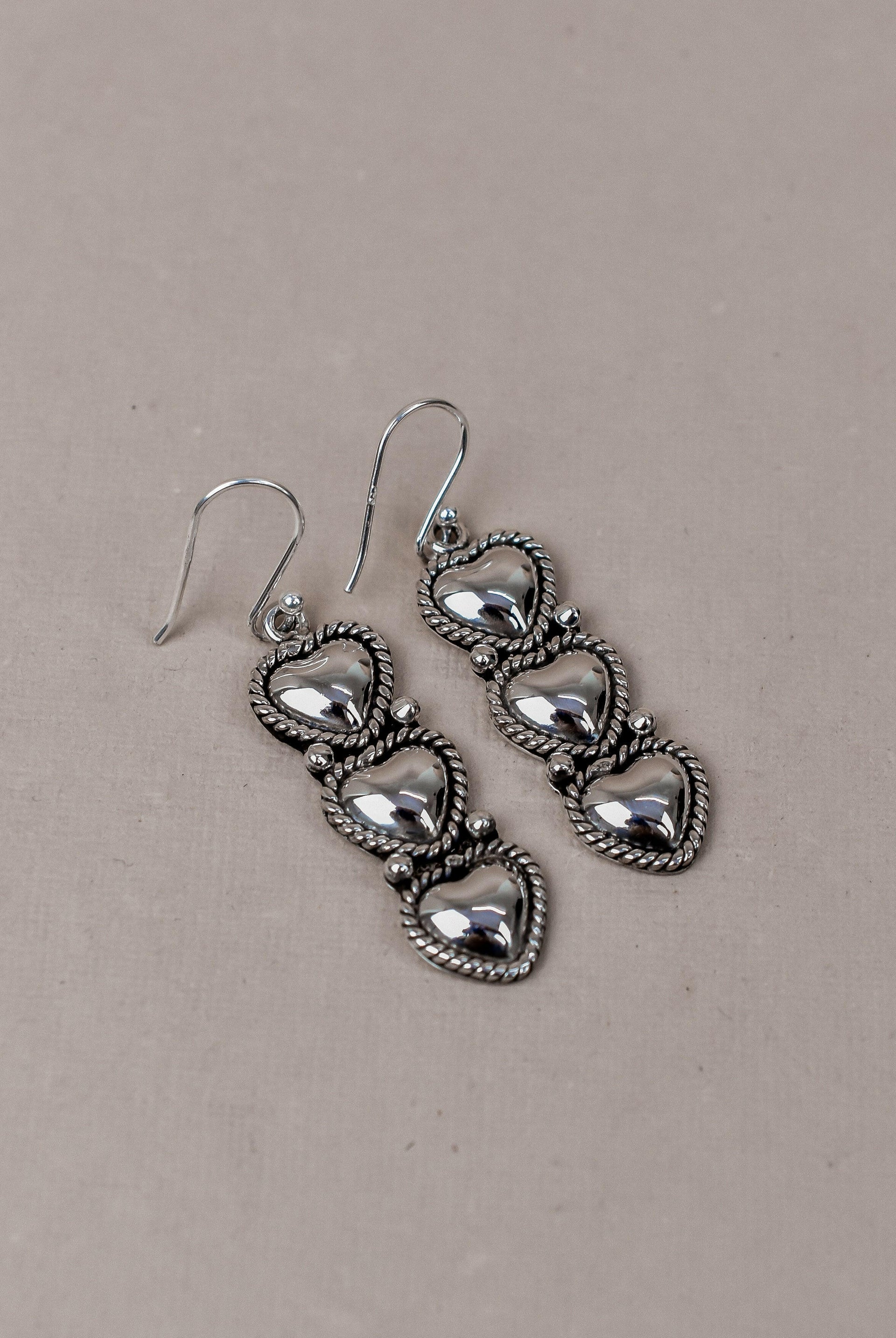 Tri-Heart Sterling Silver Earrings-Drop Earrings-Krush Kandy, Women's Online Fashion Boutique Located in Phoenix, Arizona (Scottsdale Area)