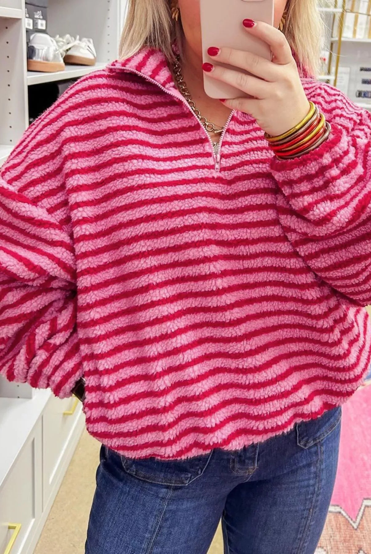 Striped Quarter-Zip Fleece Sweatshirt-Sweaters-Krush Kandy, Women's Online Fashion Boutique Located in Phoenix, Arizona (Scottsdale Area)