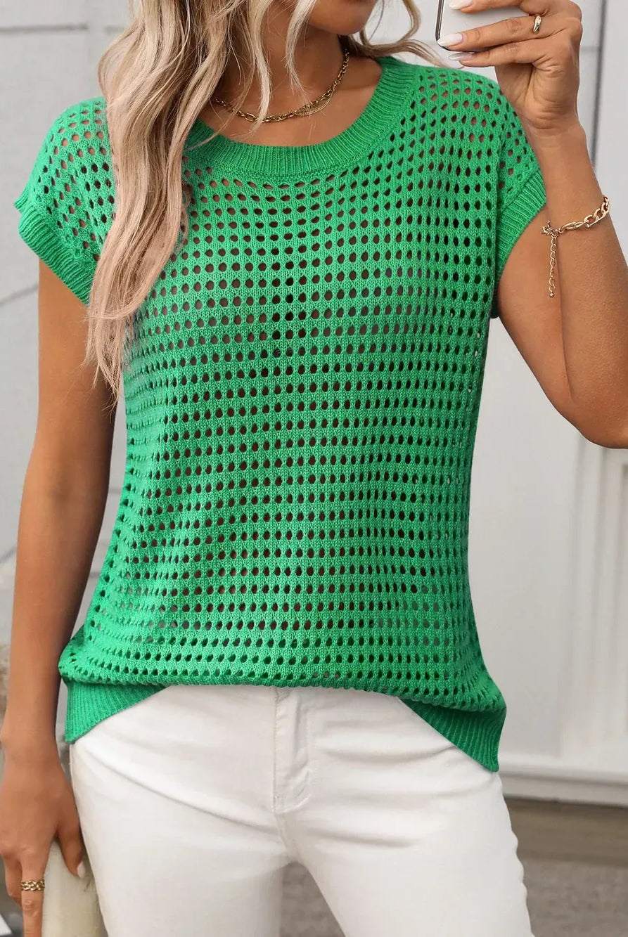Openwork Round Neck Short Sleeve Knit Cover Up-Krush Kandy, Women's Online Fashion Boutique Located in Phoenix, Arizona (Scottsdale Area)