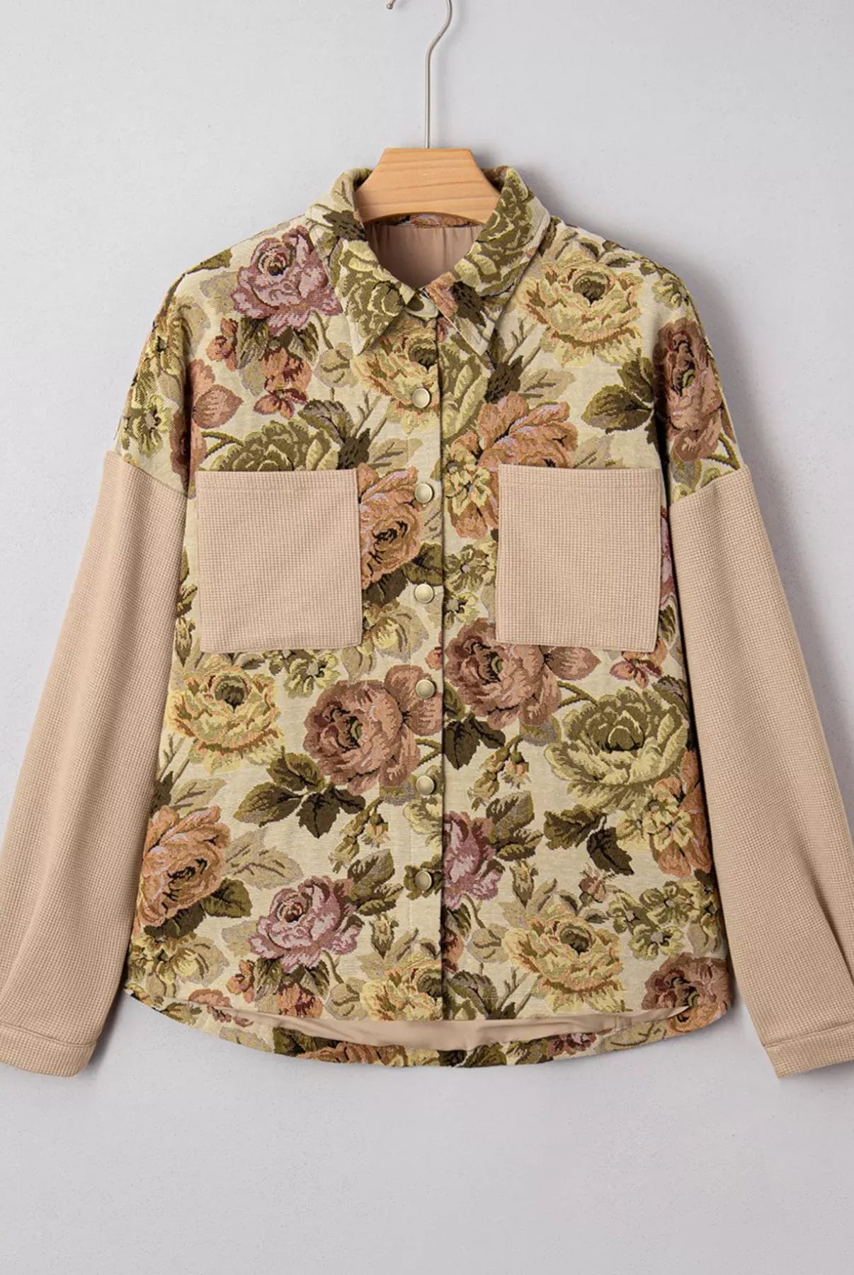 Floral Waffle Knit Patchwork Chest Pockets Buttoned Jacket-Jacket-Krush Kandy, Women's Online Fashion Boutique Located in Phoenix, Arizona (Scottsdale Area)