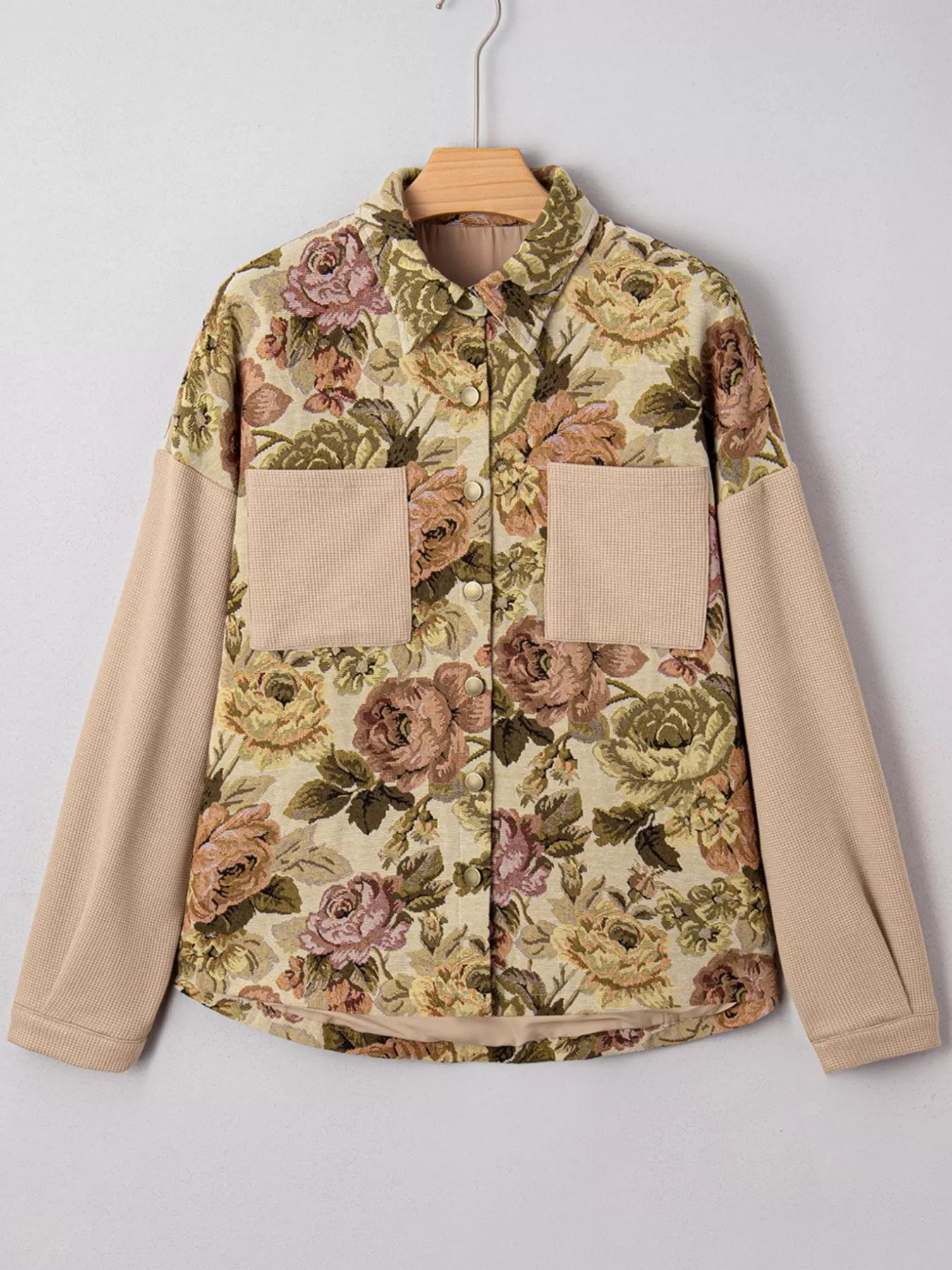 Floral Waffle Knit Patchwork Chest Pockets Buttoned Jacket-Jacket-Krush Kandy, Women's Online Fashion Boutique Located in Phoenix, Arizona (Scottsdale Area)