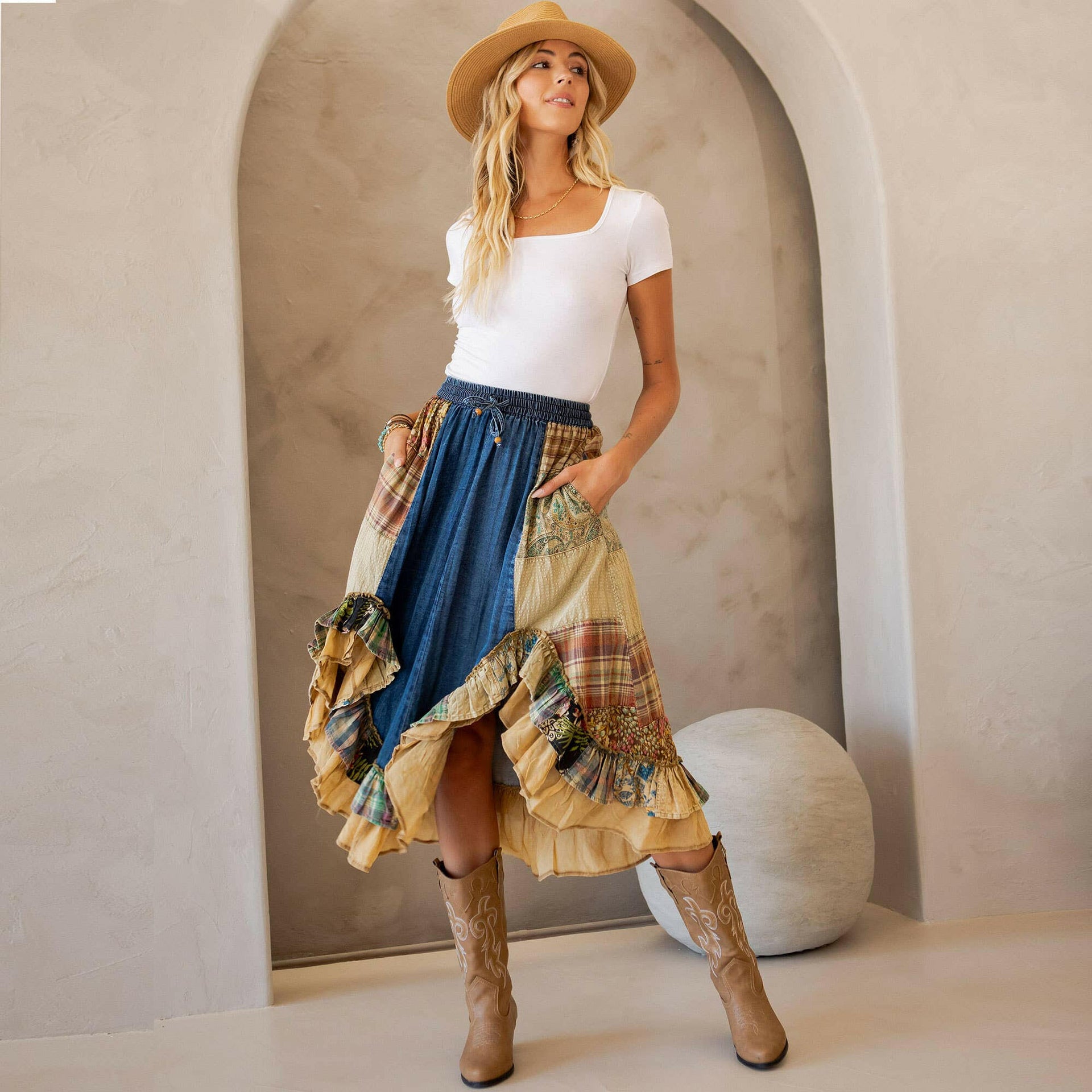 Western Boho Chic: Patchwork Midi Skirt-Skirts-Krush Kandy, Women's Online Fashion Boutique Located in Phoenix, Arizona (Scottsdale Area)