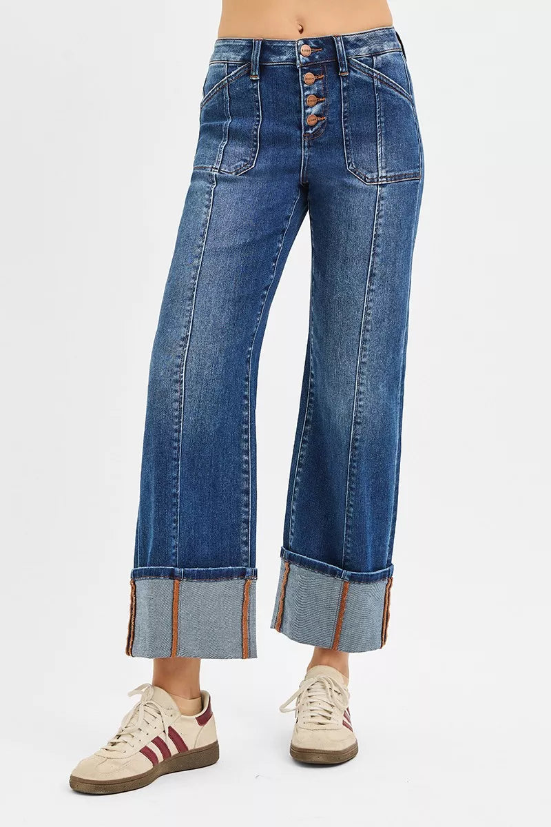 RISEN Full Size High Rise Crop Wide Straight Cuffed Jeans Plus Size-Jeans-Krush Kandy, Women's Online Fashion Boutique Located in Phoenix, Arizona (Scottsdale Area)