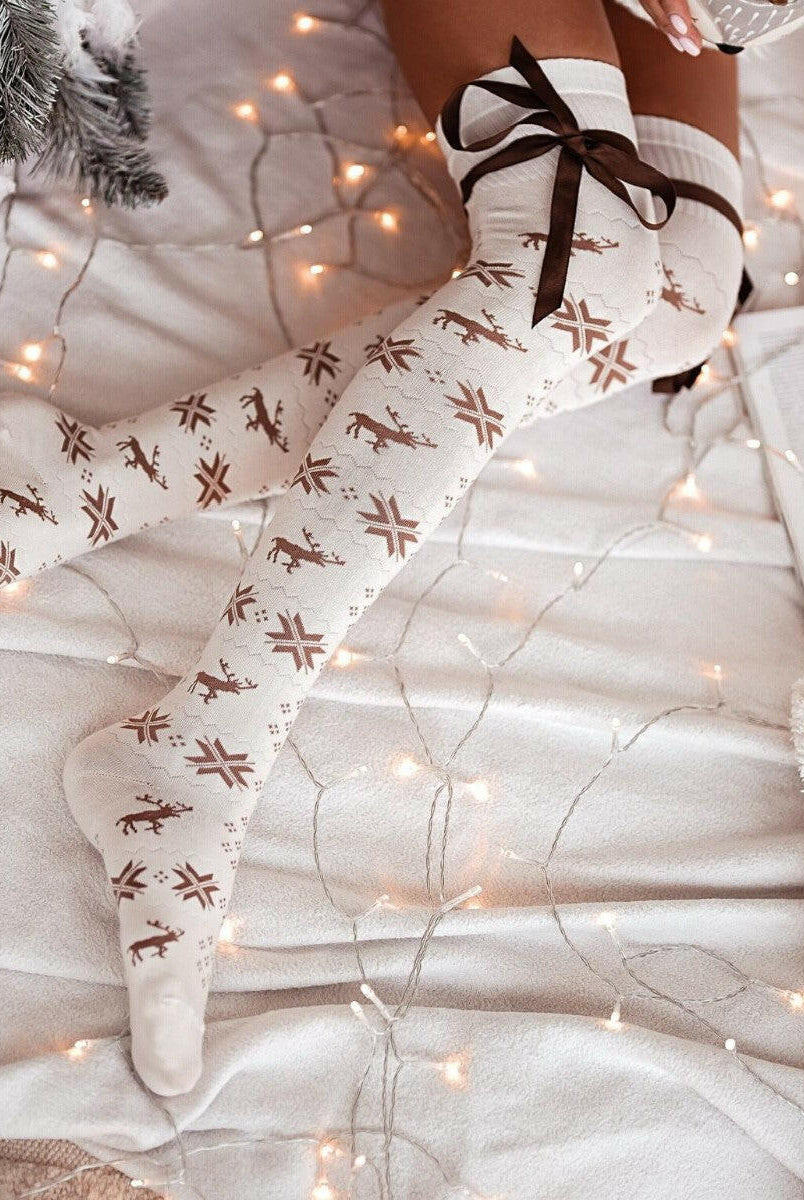 Christmas Element Bowknot Ribbed Trim Over Knee Stockings-Accessories-Krush Kandy, Women's Online Fashion Boutique Located in Phoenix, Arizona (Scottsdale Area)