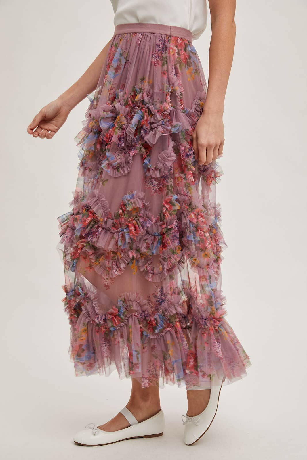 Floral Ruffled Mesh Midi Skirt-Skirts-Krush Kandy, Women's Online Fashion Boutique Located in Phoenix, Arizona (Scottsdale Area)