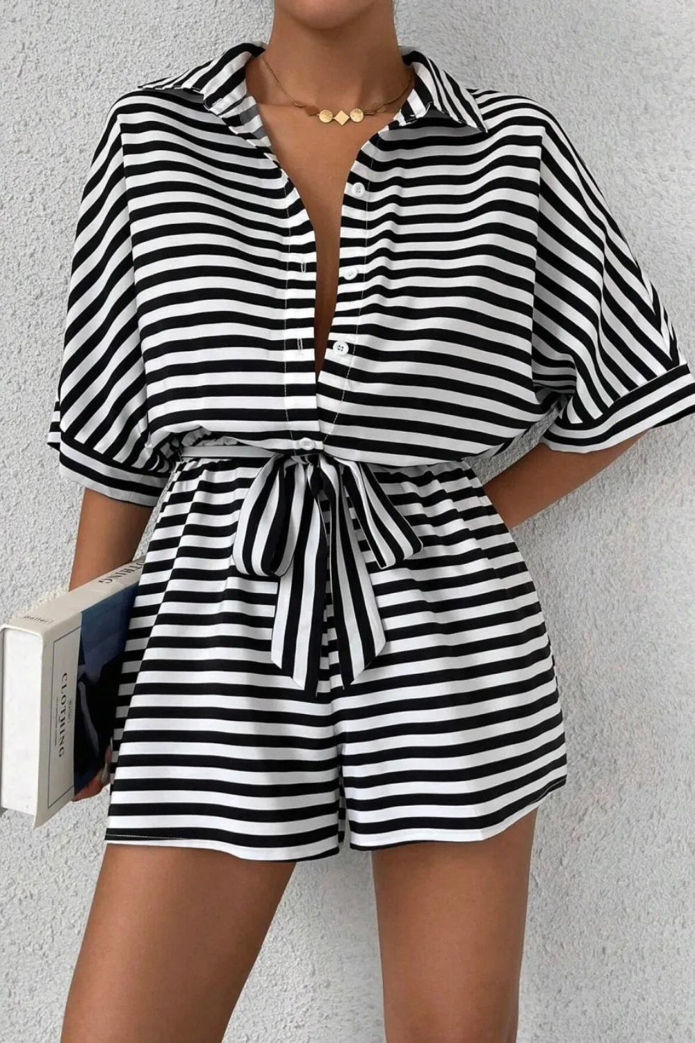 Striped Collared Neck Tie Waist Romper-Krush Kandy, Women's Online Fashion Boutique Located in Phoenix, Arizona (Scottsdale Area)