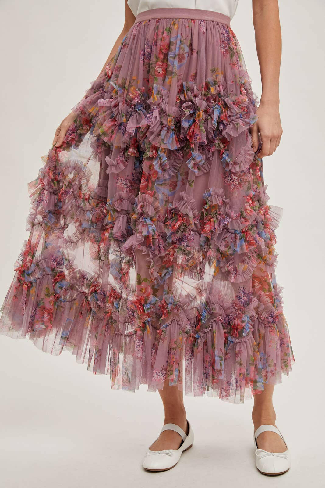 Floral Ruffled Mesh Midi Skirt-Skirts-Krush Kandy, Women's Online Fashion Boutique Located in Phoenix, Arizona (Scottsdale Area)