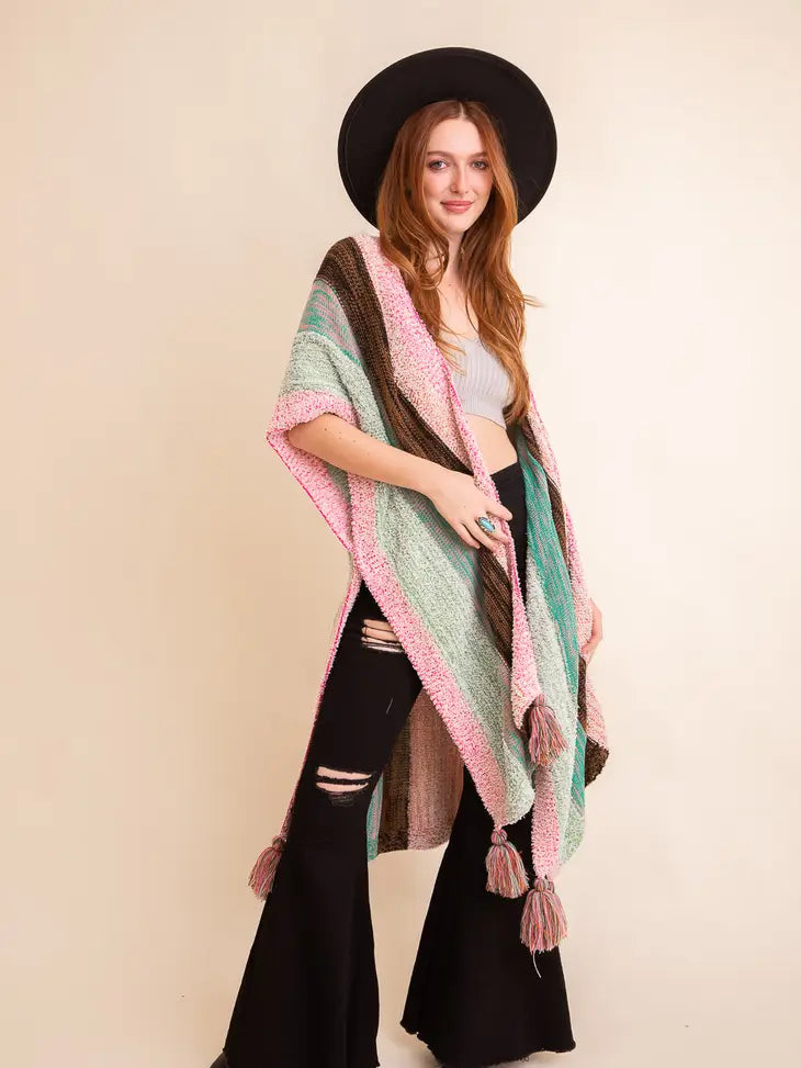 Multi-color Striped Pattern Ruana with Tassels-Kimonos-Krush Kandy, Women's Online Fashion Boutique Located in Phoenix, Arizona (Scottsdale Area)