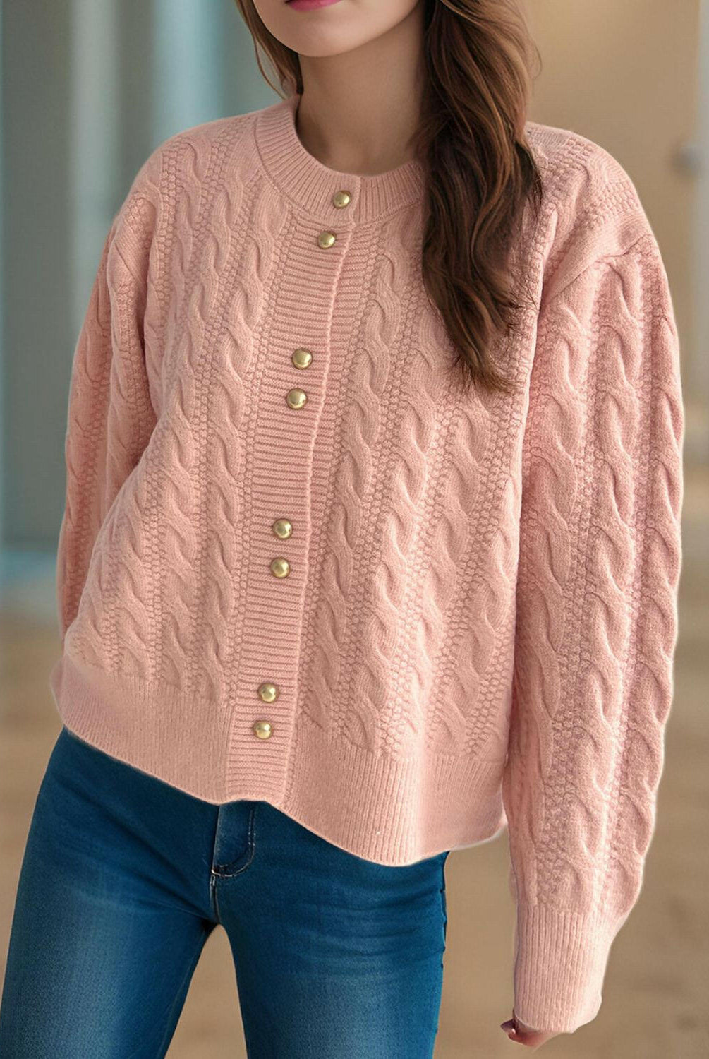 Cable-Knit Round Neck Long Sleeve Cardigan-Cardigans-Krush Kandy, Women's Online Fashion Boutique Located in Phoenix, Arizona (Scottsdale Area)