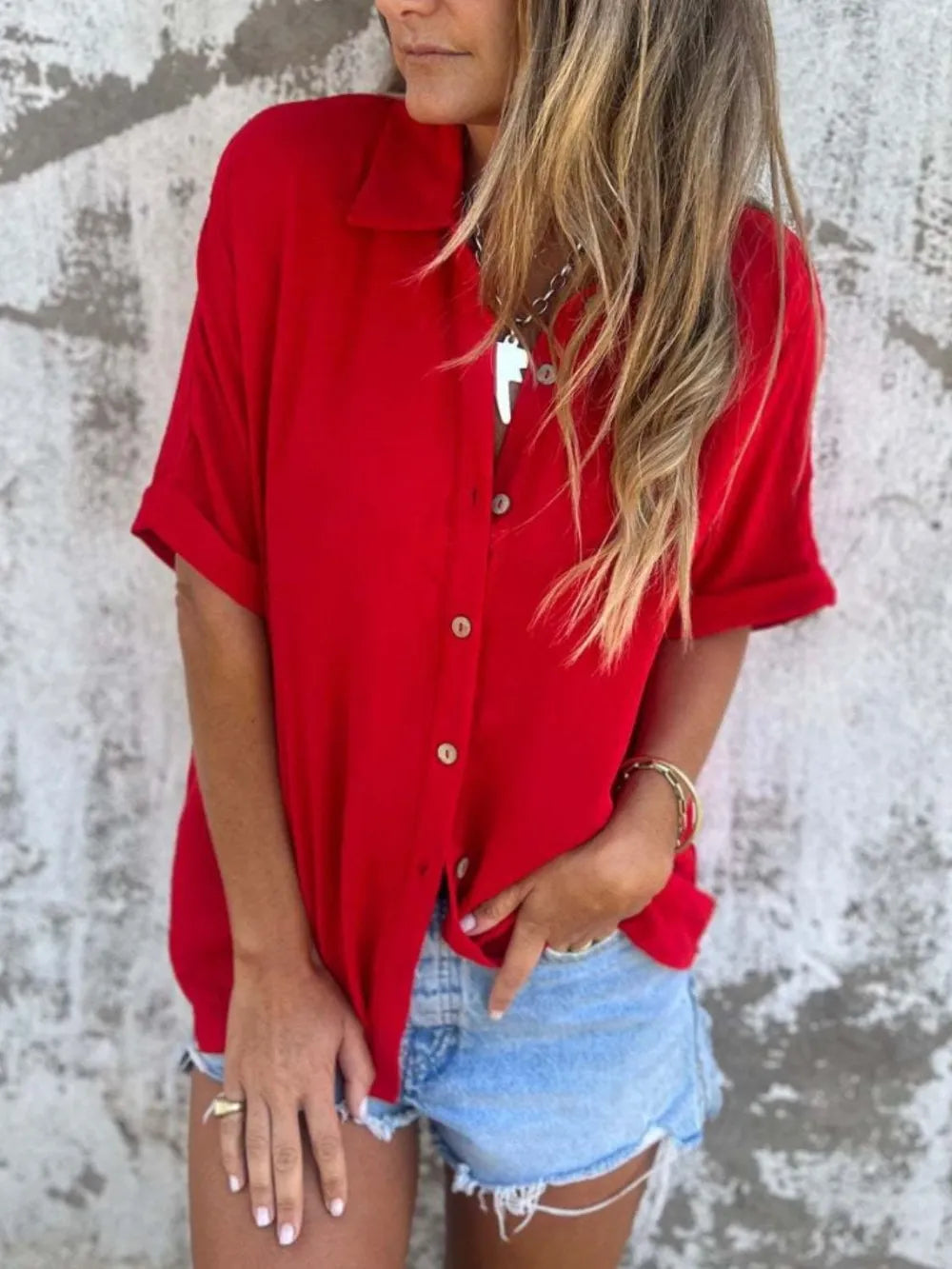 Full Size Collared Neck Half Sleeve Shirt Plus Size-Krush Kandy, Women's Online Fashion Boutique Located in Phoenix, Arizona (Scottsdale Area)