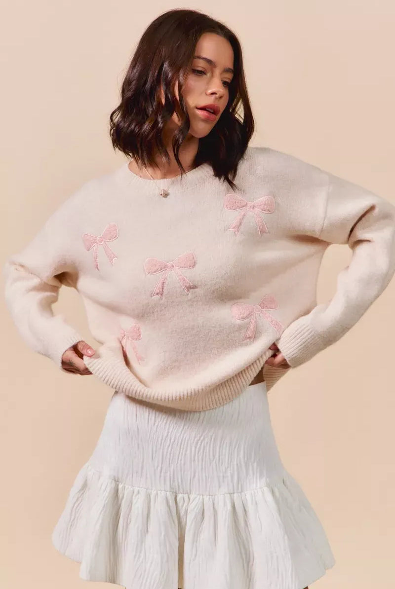 SO ME Embroidered Ribbon Round Neck Sweater-Sweaters-Krush Kandy, Women's Online Fashion Boutique Located in Phoenix, Arizona (Scottsdale Area)