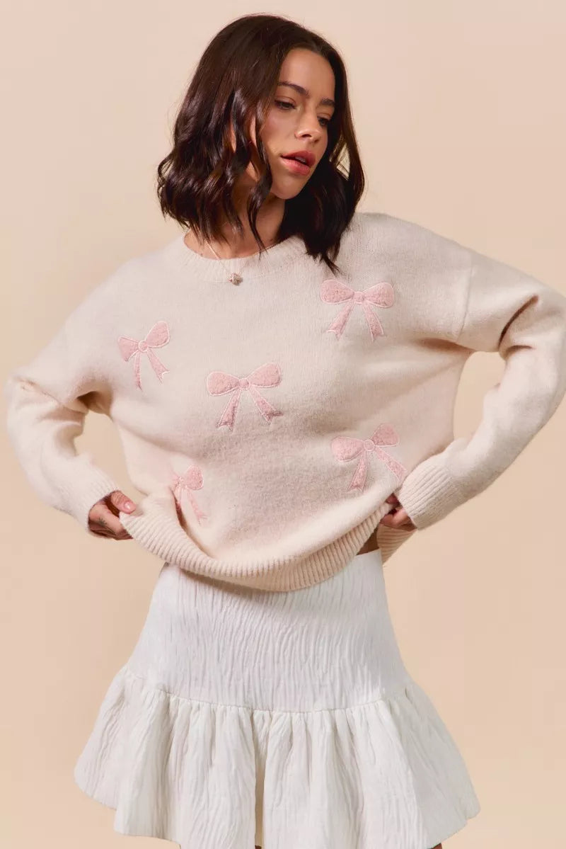 SO ME Embroidered Ribbon Round Neck Sweater-Sweaters-Krush Kandy, Women's Online Fashion Boutique Located in Phoenix, Arizona (Scottsdale Area)