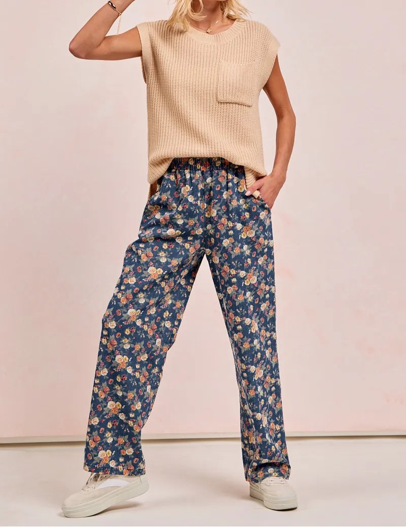 BiBi Washed Floral Print Wide Leg Jeans-Jeans-Krush Kandy, Women's Online Fashion Boutique Located in Phoenix, Arizona (Scottsdale Area)