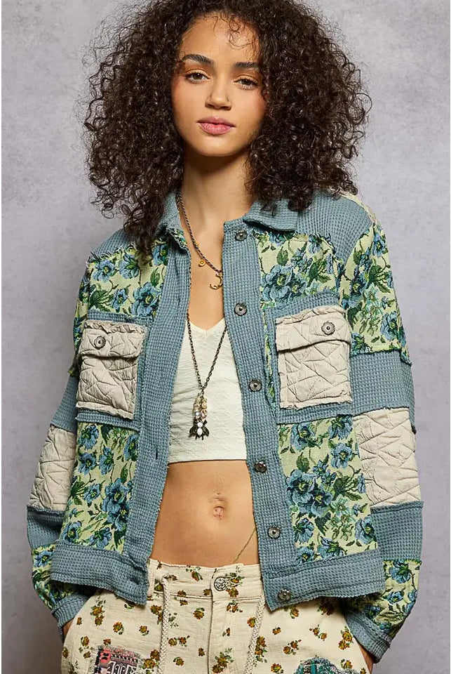 POL Vintage Washed Jacquard Color Block Jacket-Jacket-Krush Kandy, Women's Online Fashion Boutique Located in Phoenix, Arizona (Scottsdale Area)