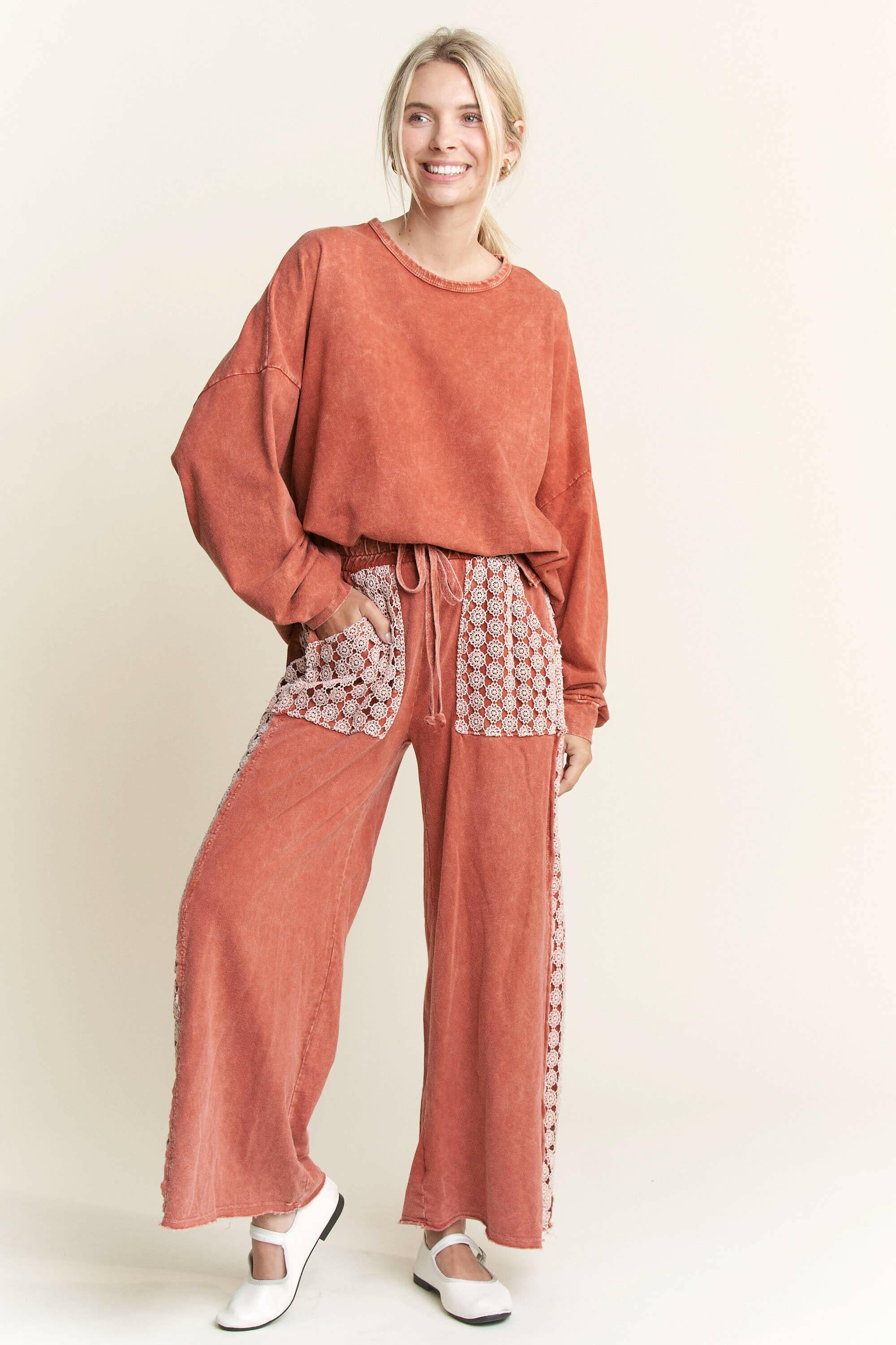 MineralWash Floral Daisy trim Pants-PANTS-Krush Kandy, Women's Online Fashion Boutique Located in Phoenix, Arizona (Scottsdale Area)