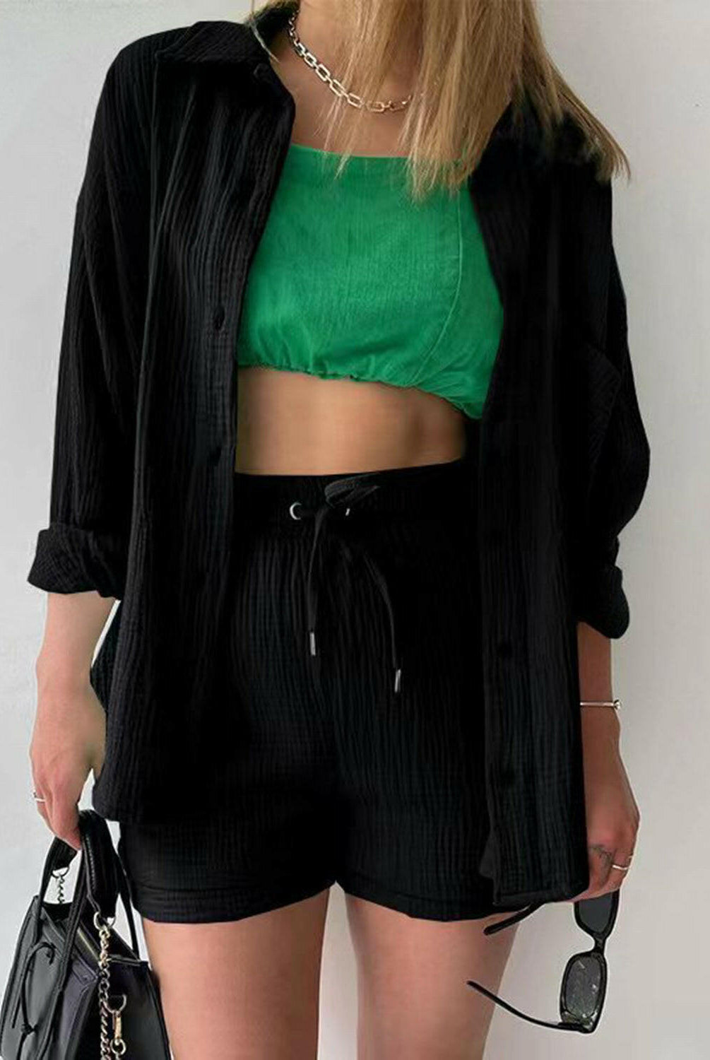 Kinsley Texture Button-Up Shirt and Drawstring Shorts Set-Krush Kandy, Women's Online Fashion Boutique Located in Phoenix, Arizona (Scottsdale Area)