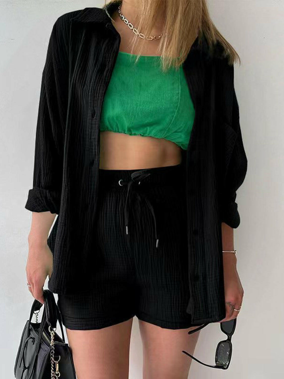 Kinsley Texture Button-Up Shirt and Drawstring Shorts Set-Krush Kandy, Women's Online Fashion Boutique Located in Phoenix, Arizona (Scottsdale Area)