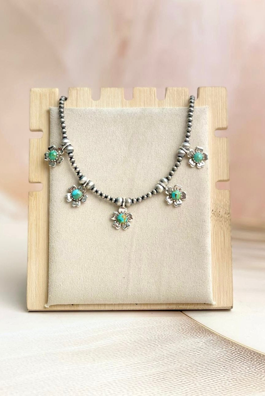 Sterling Silver & Turquoise Flower Desert Pearl Necklace-Necklaces-Krush Kandy, Women's Online Fashion Boutique Located in Phoenix, Arizona (Scottsdale Area)