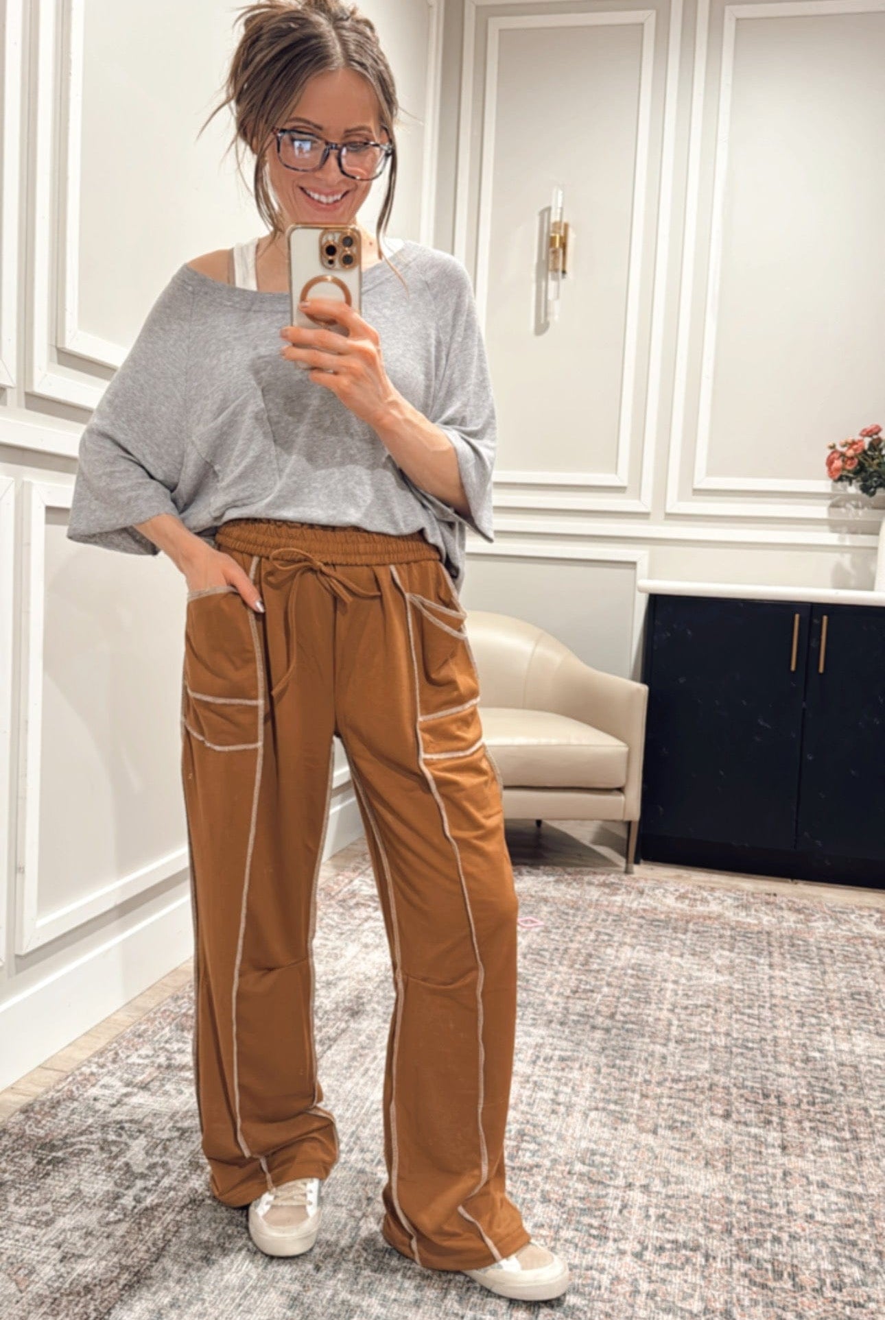 Luxe Contrast Stitching Wide Leg Pants-Pants-Krush Kandy, Women's Online Fashion Boutique Located in Phoenix, Arizona (Scottsdale Area)