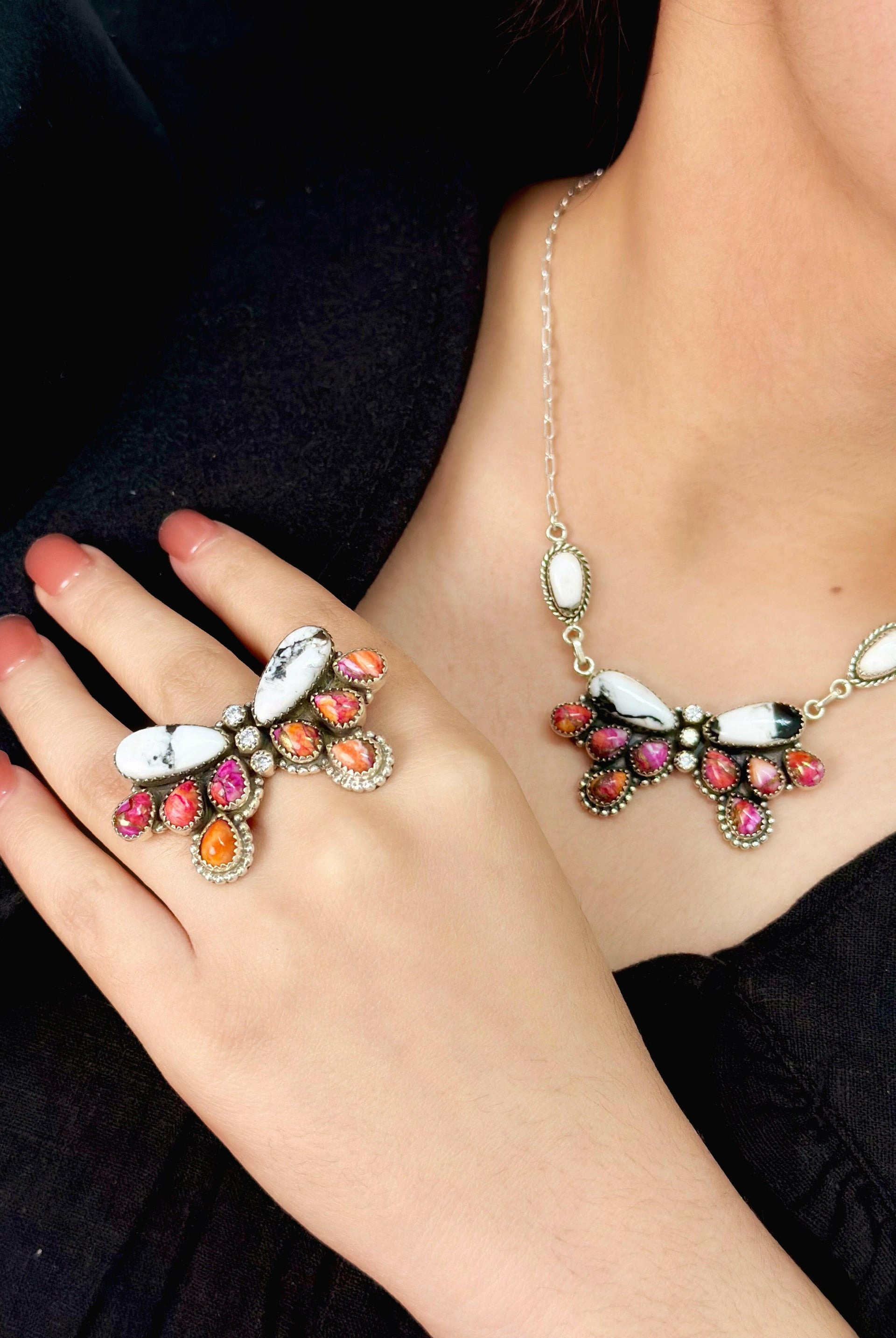 White Buffalo & Pink Dahlia Ruffled Bow Set-Necklaces-Krush Kandy, Women's Online Fashion Boutique Located in Phoenix, Arizona (Scottsdale Area)