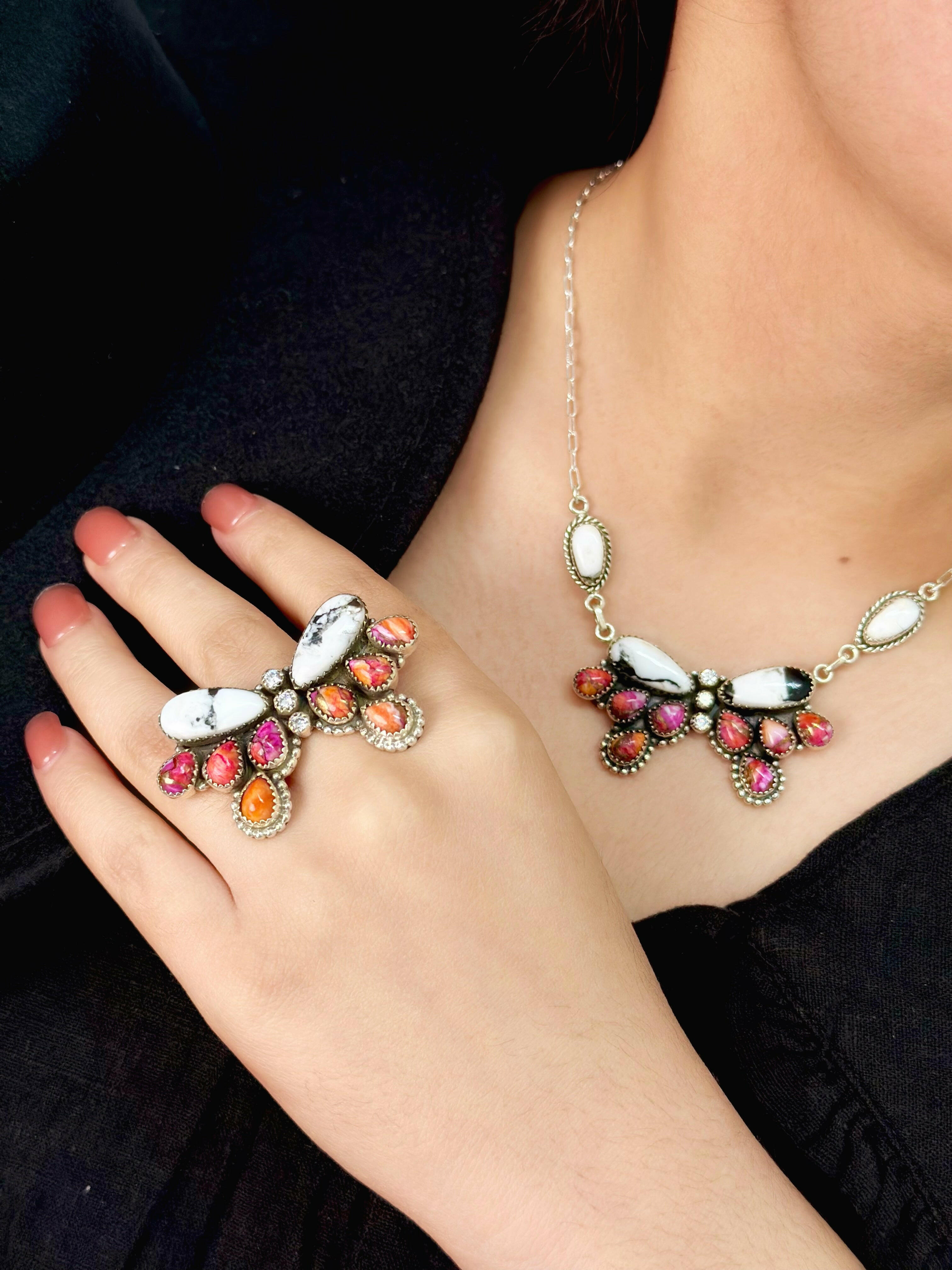 White Buffalo & Pink Dahlia Ruffled Bow Set-Necklaces-Krush Kandy, Women's Online Fashion Boutique Located in Phoenix, Arizona (Scottsdale Area)