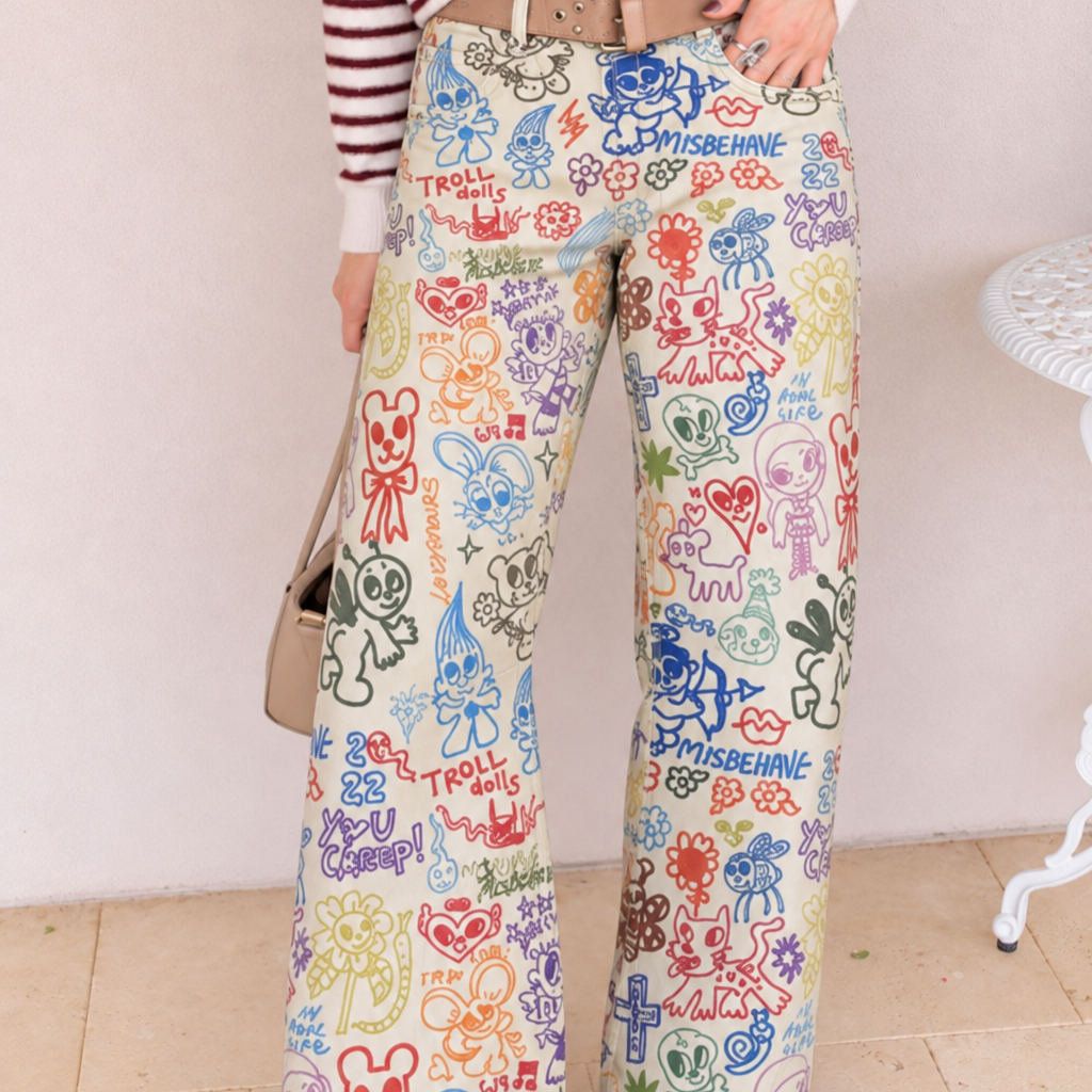 Printed Wide Leg Denim Pants
