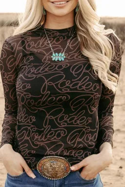 Black Western Rodeo Mock Neck Mesh Top-Long Sleeve Tops-Krush Kandy, Women's Online Fashion Boutique Located in Phoenix, Arizona (Scottsdale Area)