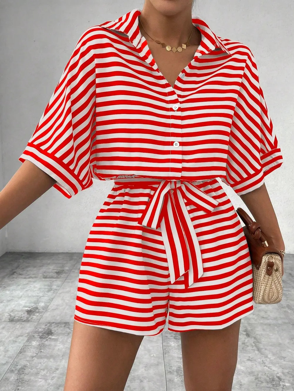Tie Waist Half Button Striped Romper-Jumpsuits & Rompers-Krush Kandy, Women's Online Fashion Boutique Located in Phoenix, Arizona (Scottsdale Area)
