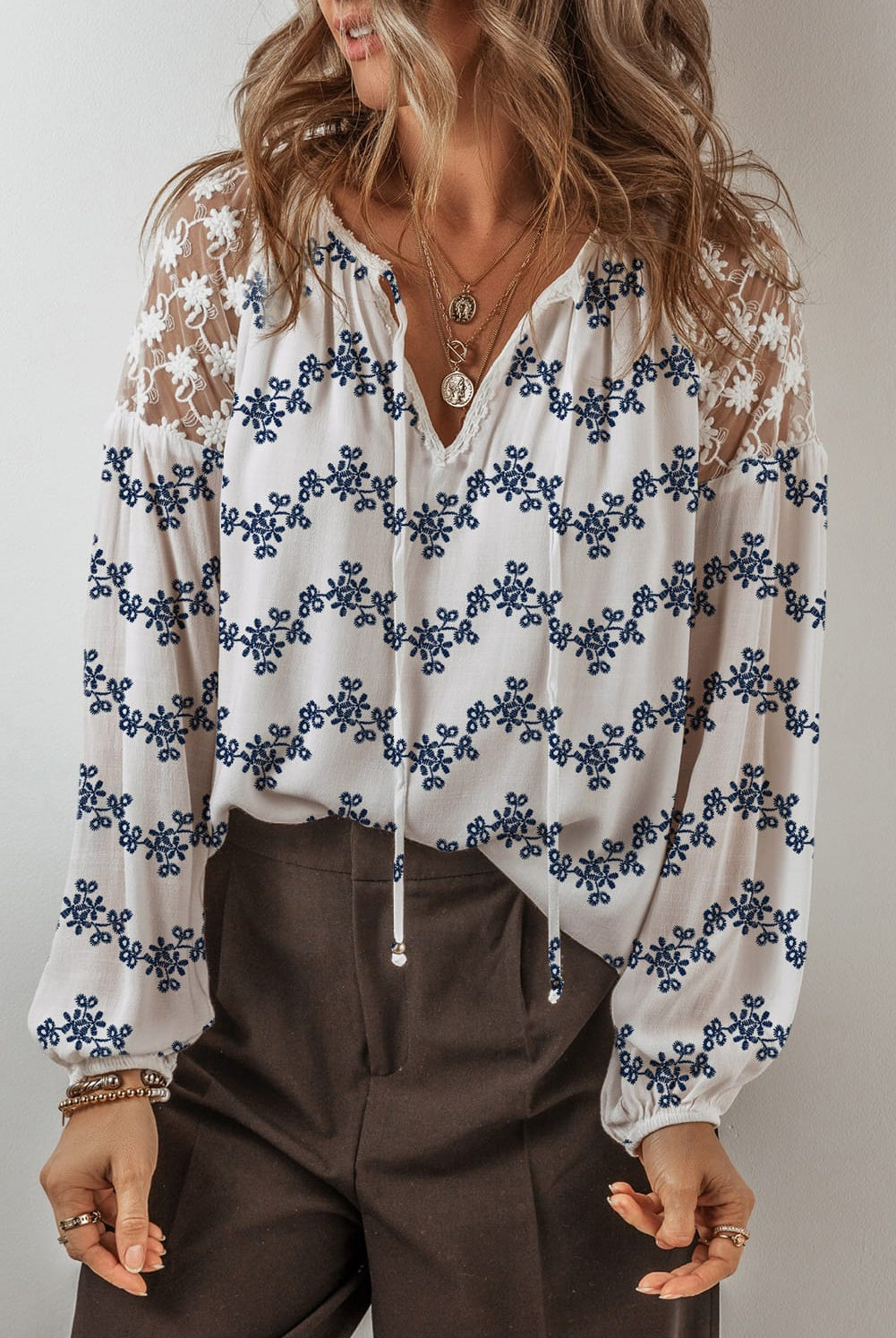Embroidered Floral V-Neck Blouse-Long Sleeve Tops-Krush Kandy, Women's Online Fashion Boutique Located in Phoenix, Arizona (Scottsdale Area)