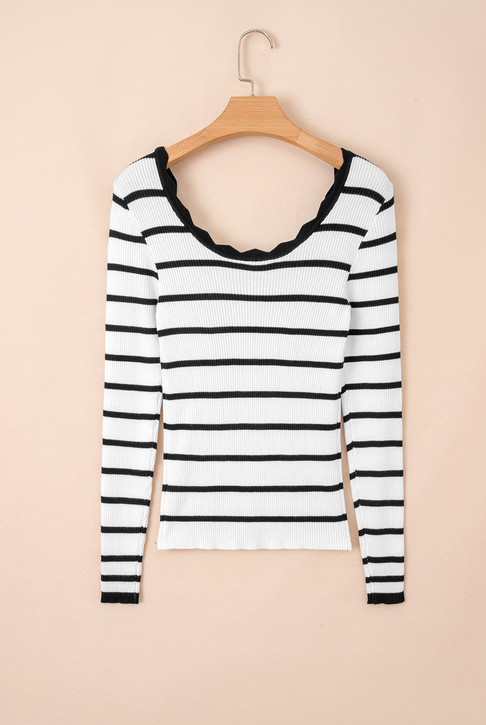 Black & White Striped Scallop Neck Ribbed Top-Sweaters-Krush Kandy, Women's Online Fashion Boutique Located in Phoenix, Arizona (Scottsdale Area)