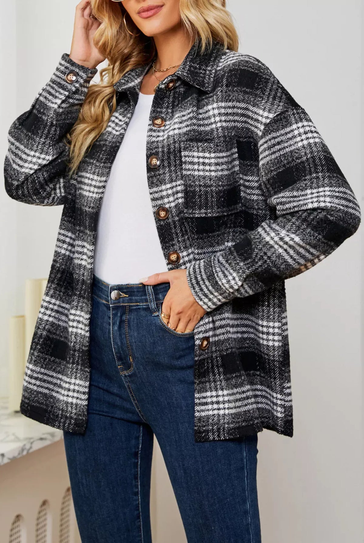 Plaid Button Up Long Sleeve Shacket-Jacket-Krush Kandy, Women's Online Fashion Boutique Located in Phoenix, Arizona (Scottsdale Area)