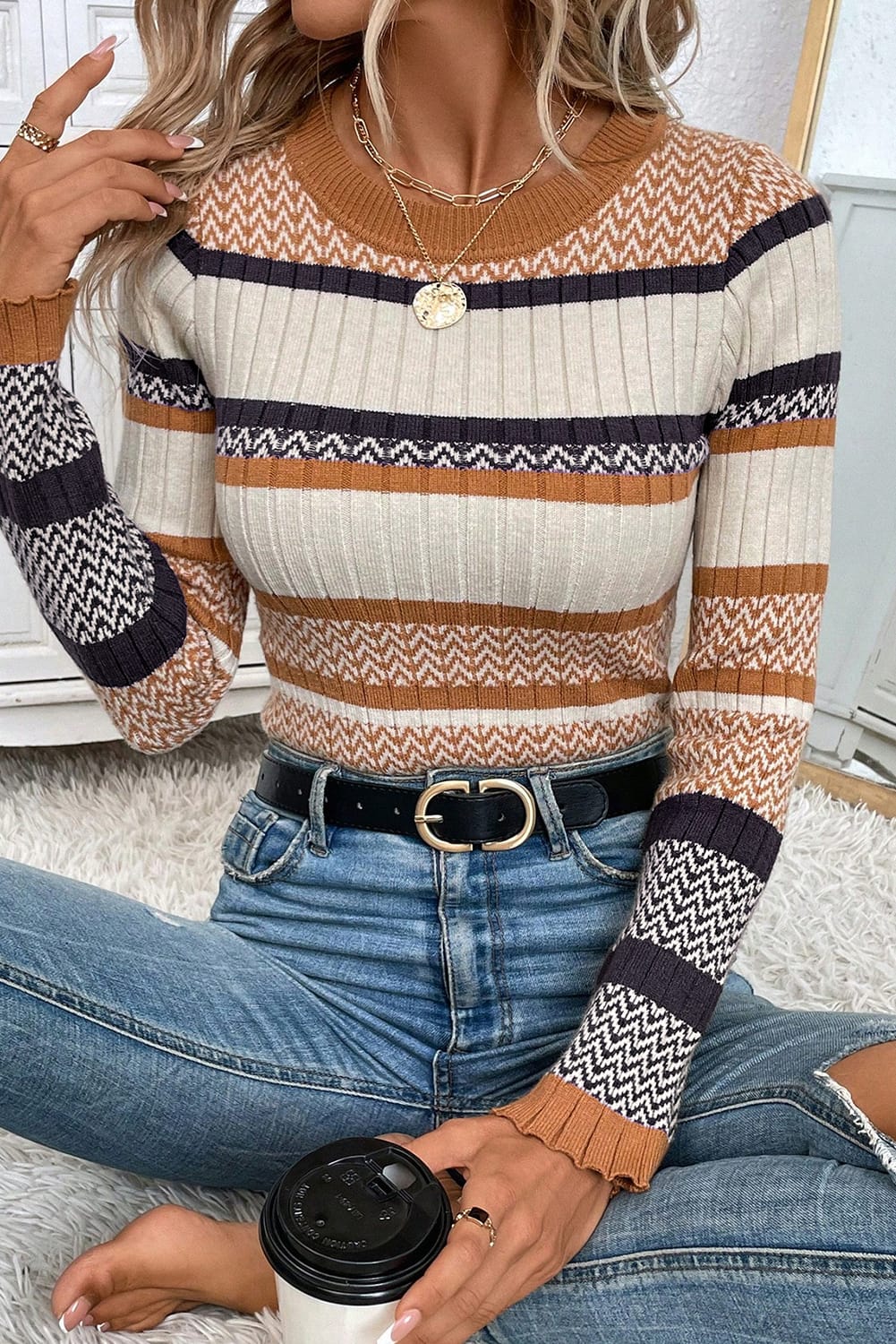 Colorblock Striped Ribbed Knit Sweater-Long Sleeve Tops-Krush Kandy, Women's Online Fashion Boutique Located in Phoenix, Arizona (Scottsdale Area)