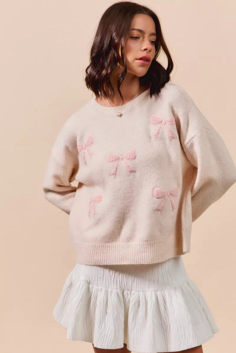 SO ME Embroidered Ribbon Round Neck Sweater-Sweaters-Krush Kandy, Women's Online Fashion Boutique Located in Phoenix, Arizona (Scottsdale Area)