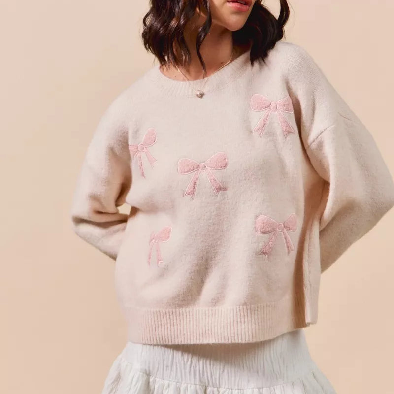 SO ME Embroidered Ribbon Round Neck Sweater-Sweaters-Krush Kandy, Women's Online Fashion Boutique Located in Phoenix, Arizona (Scottsdale Area)