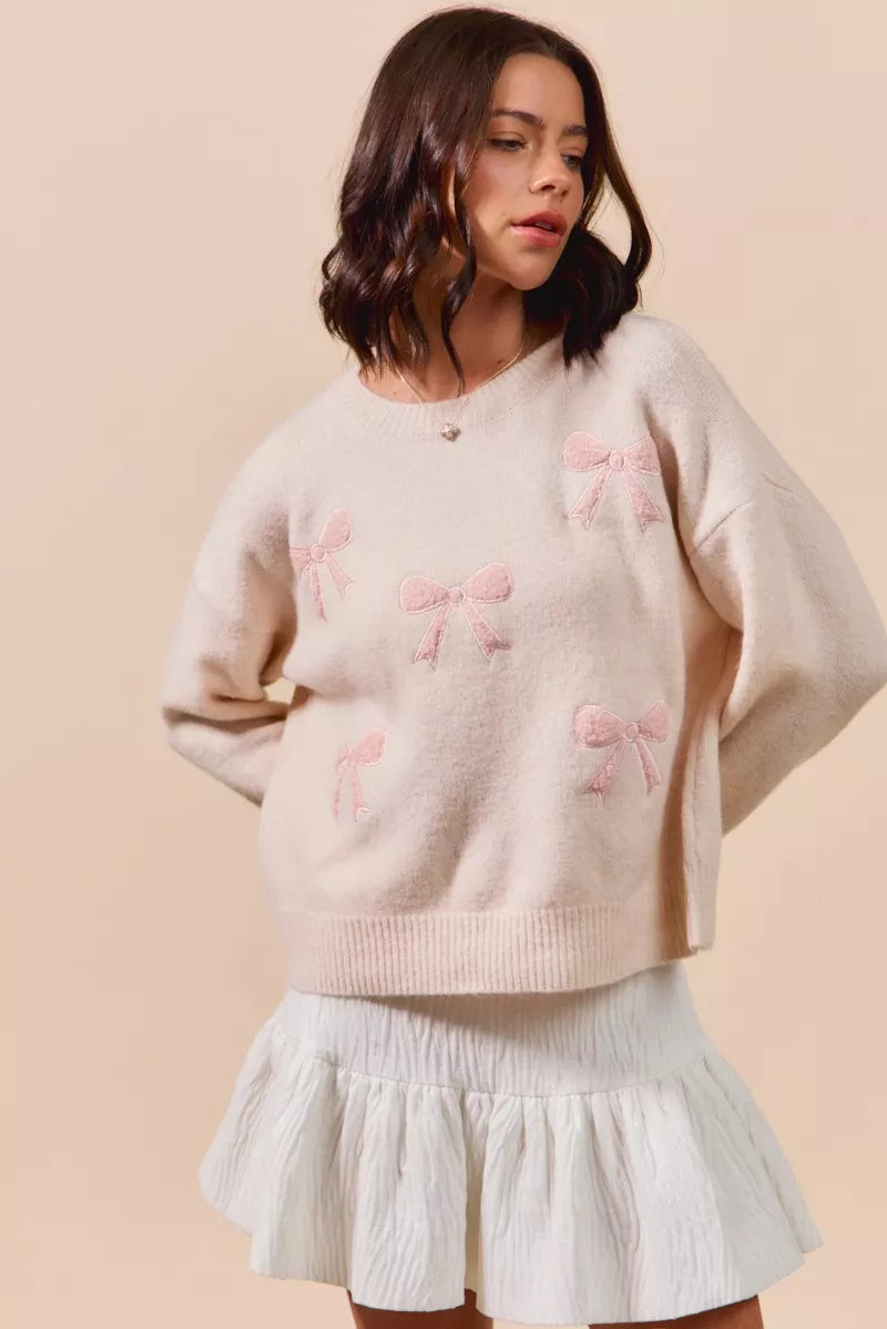 SO ME Embroidered Ribbon Round Neck Sweater-Sweaters-Krush Kandy, Women's Online Fashion Boutique Located in Phoenix, Arizona (Scottsdale Area)
